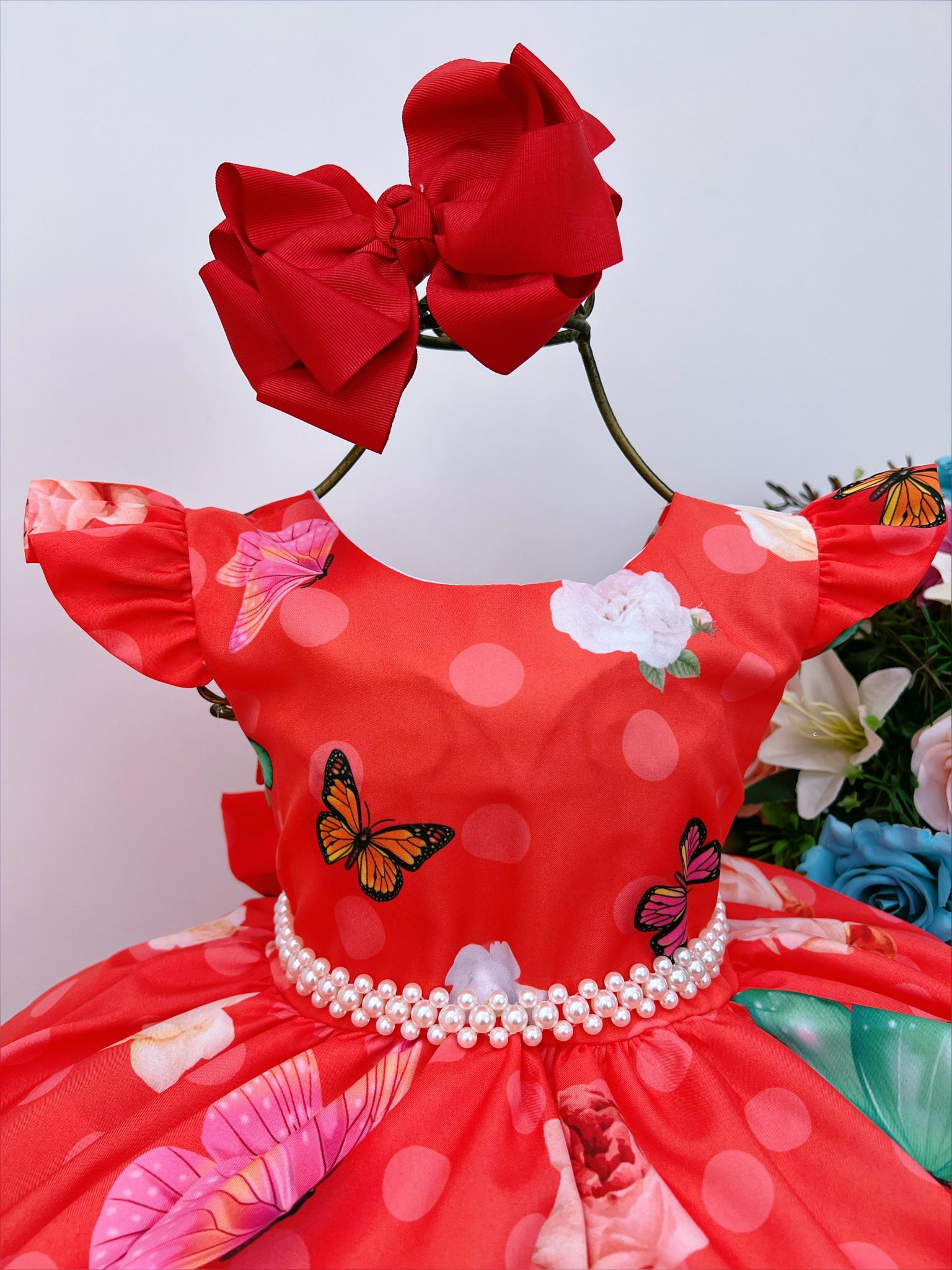 Vestido Infantil Vermelho Jardim das Borboletas Pérolas