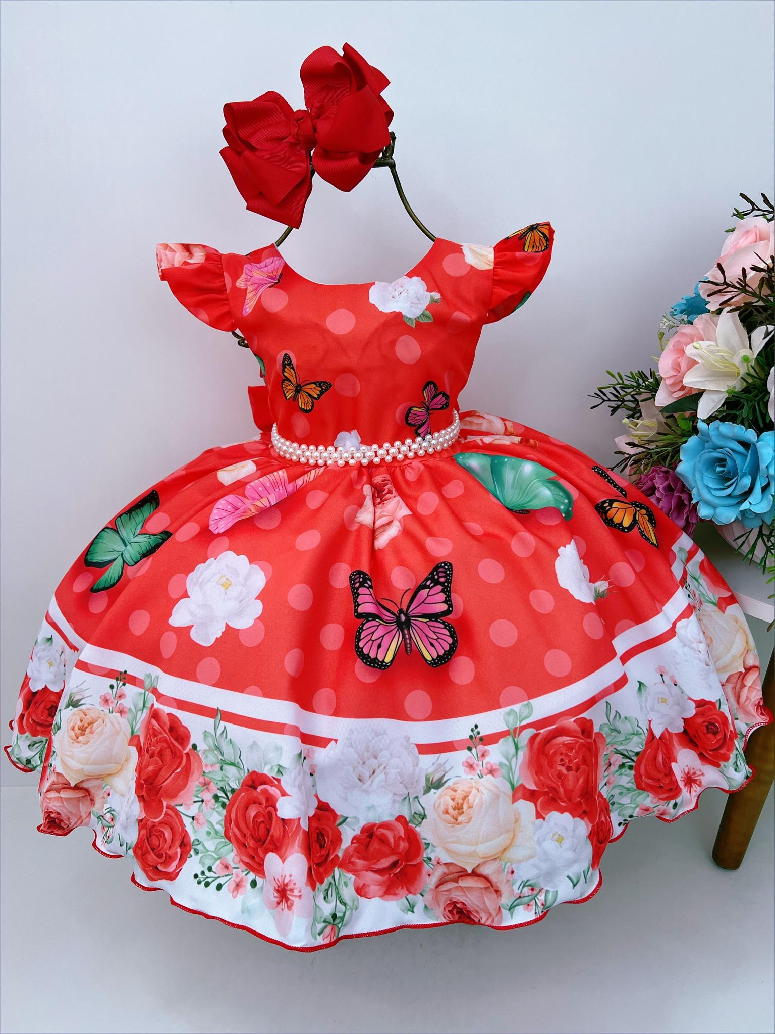 Vestido Infantil Vermelho Jardim das Borboletas Pérolas