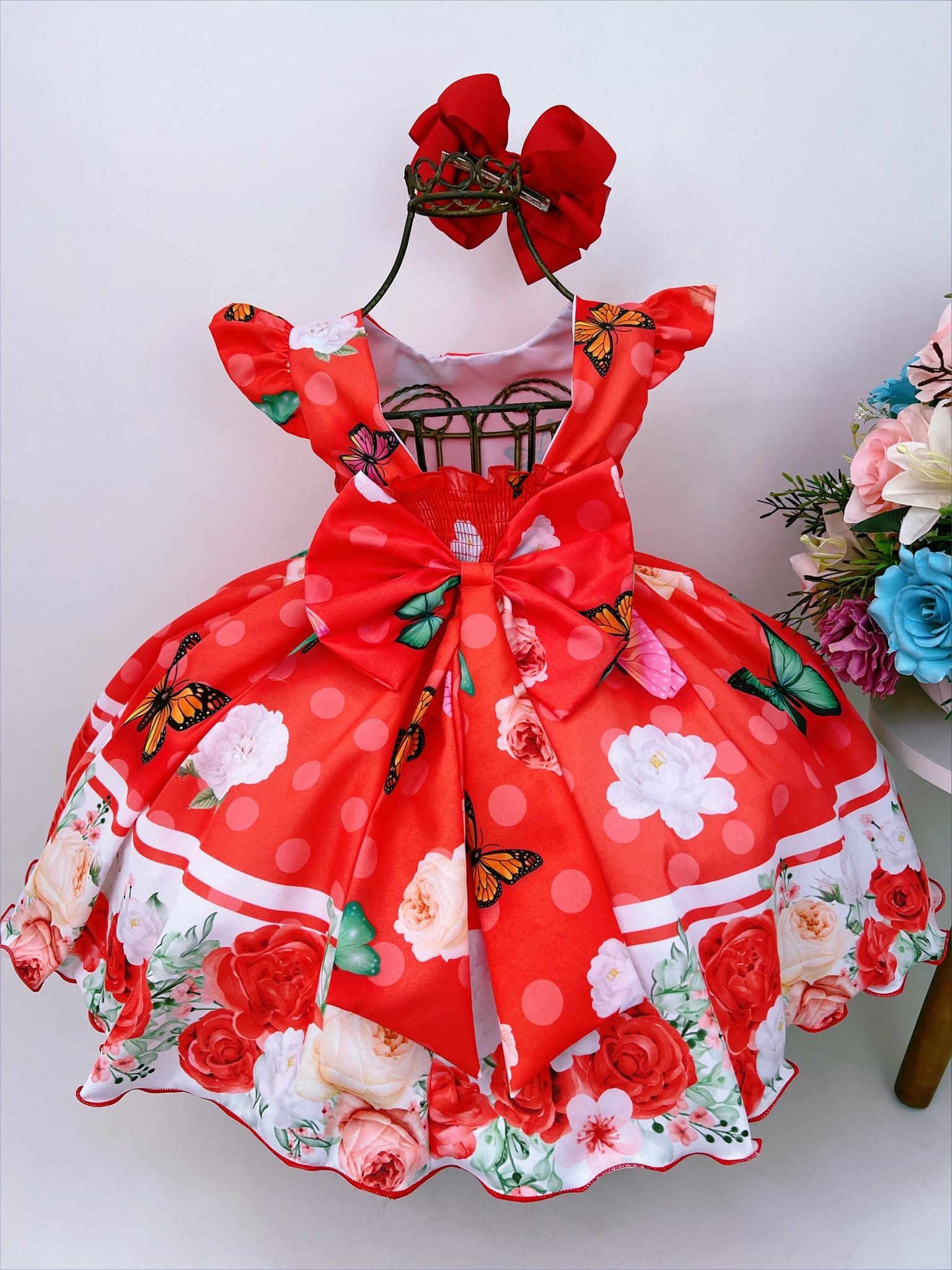 Vestido Infantil Vermelho Jardim das Borboletas Pérolas