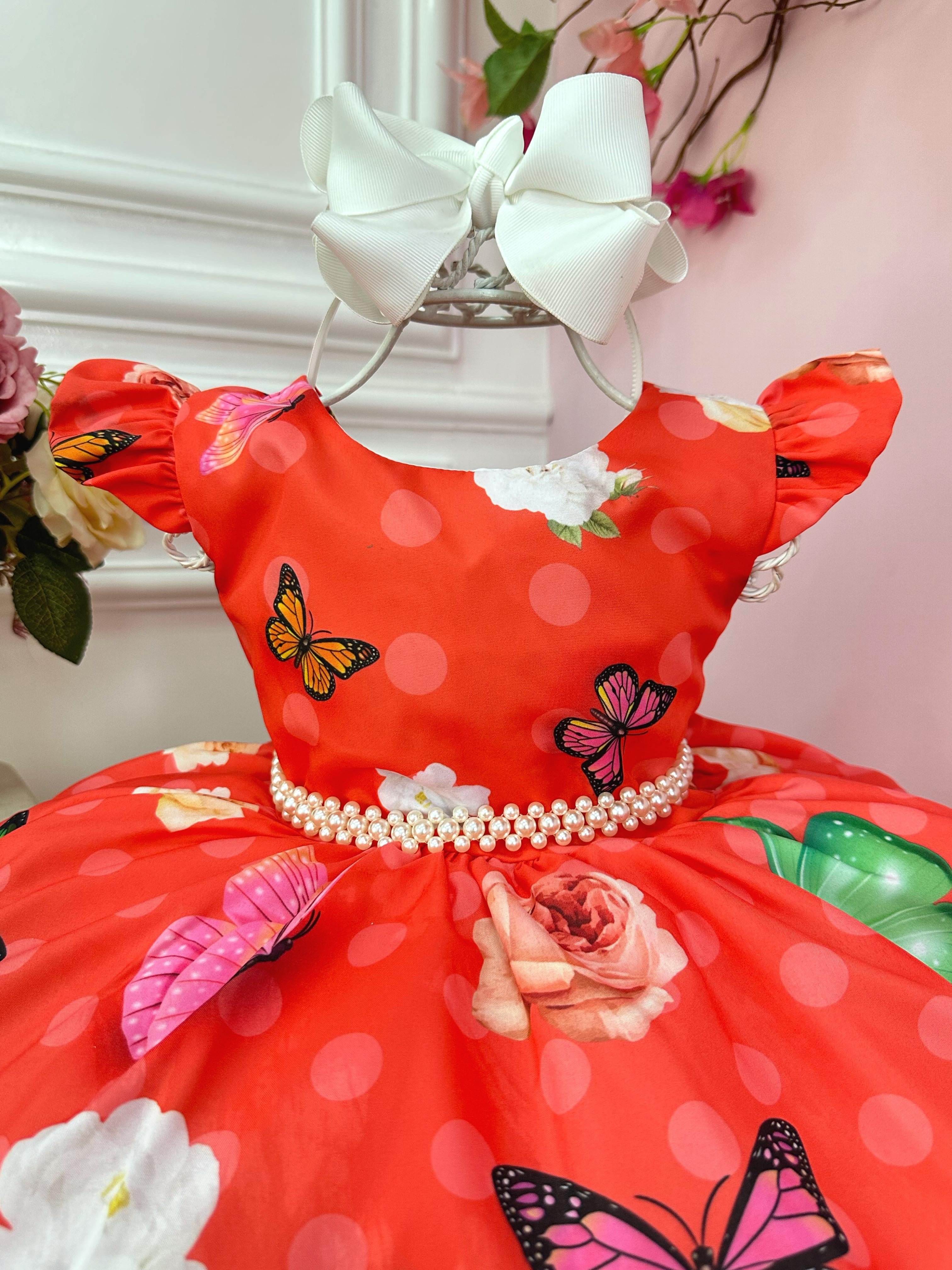 Vestido Infantil Vermelho Jardim das Borboletas Pérolas
