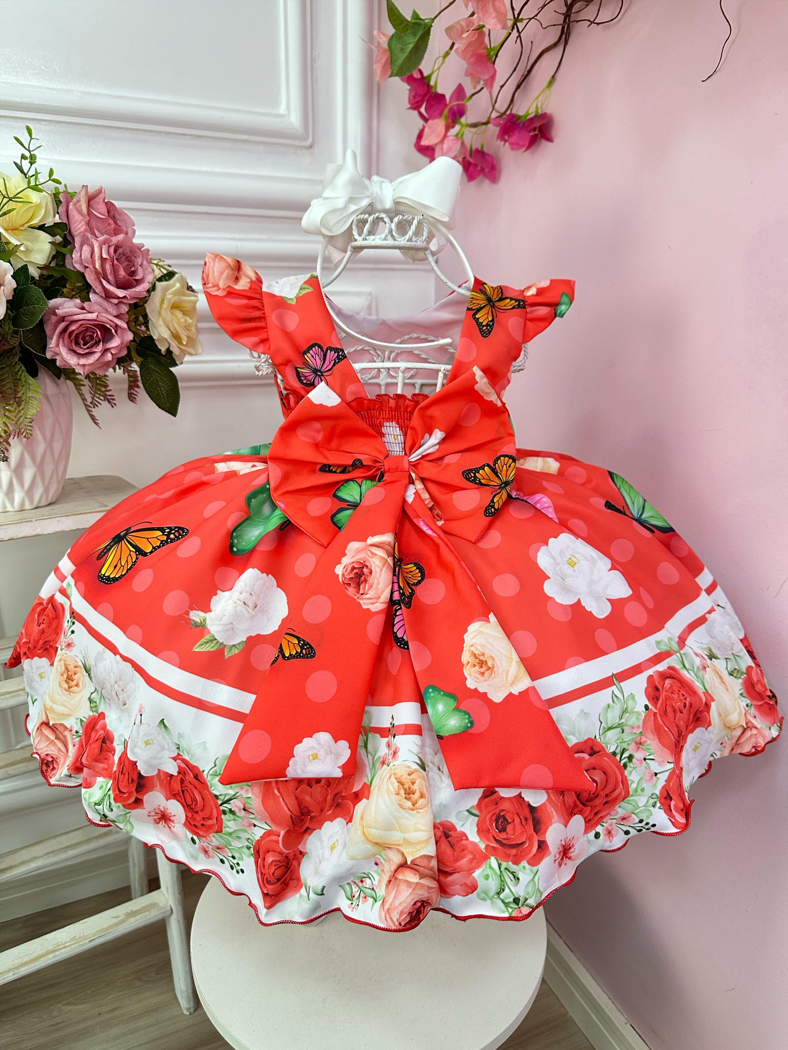 Vestido Infantil Vermelho Jardim das Borboletas Pérolas