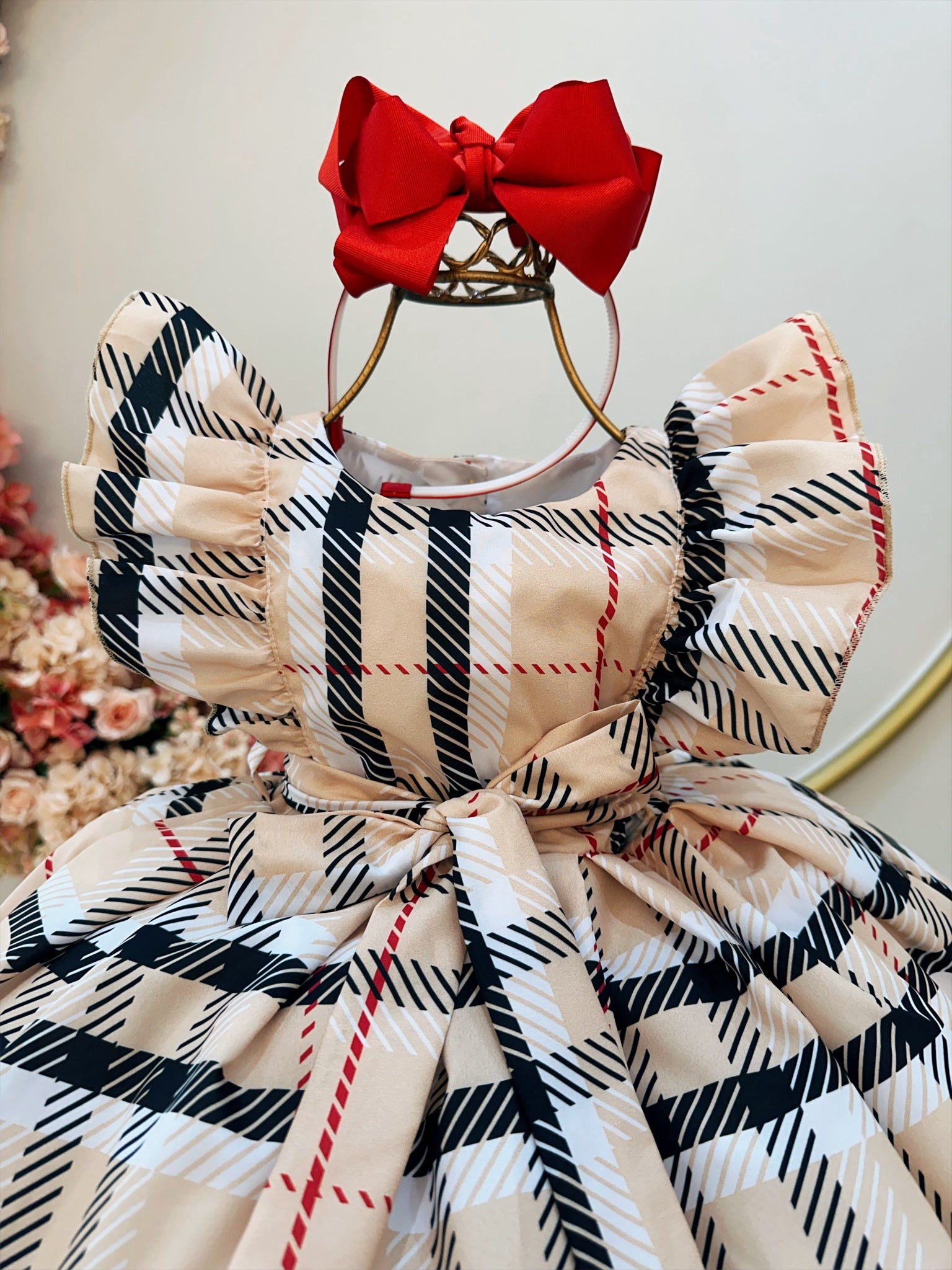 Vestido Infantil Xadrez Bege Tartan Colorido Festas Luxo