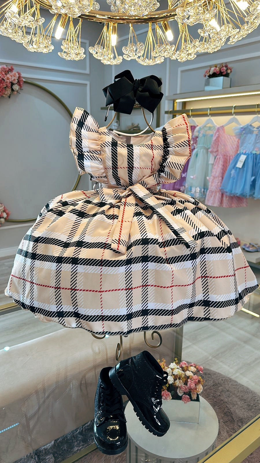 Vestido Infantil Xadrez Bege Tartan Colorido Festas Luxo