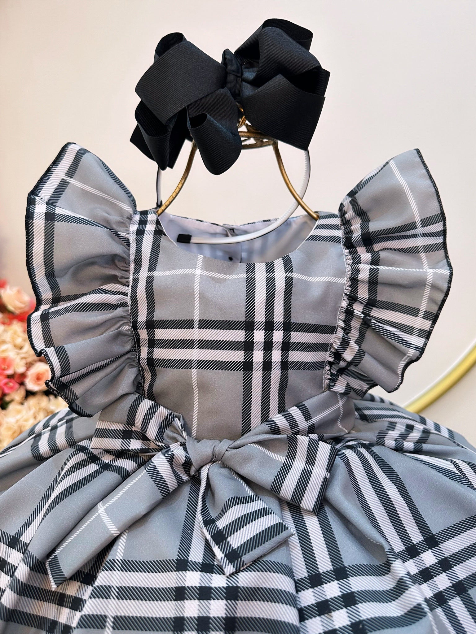 Vestido Infantil Xadrez Cinza Tartan Festas Luxo