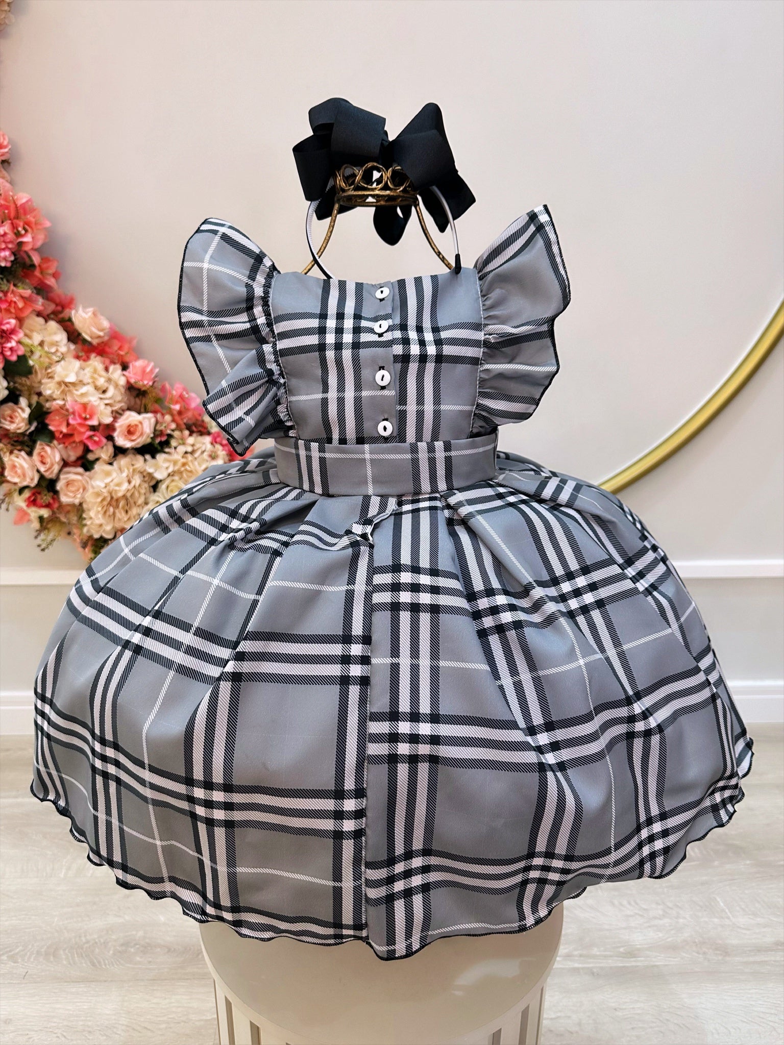 Vestido Infantil Xadrez Cinza Tartan Festas Luxo