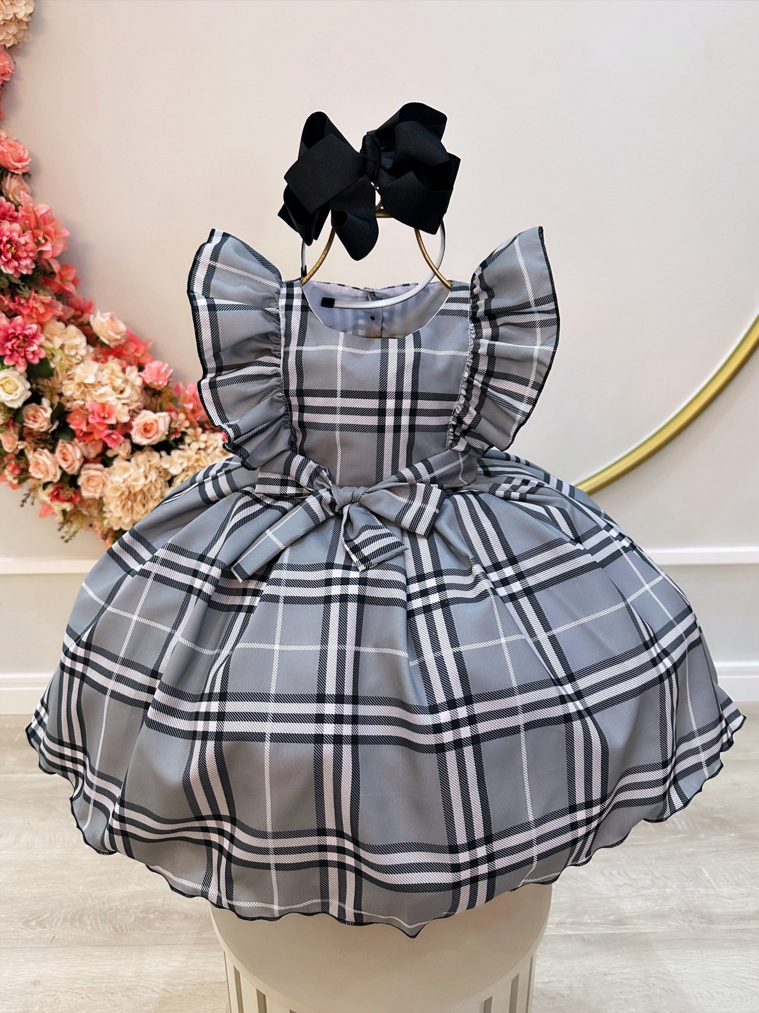 Vestido Infantil Xadrez Cinza Tartan Festas Luxo