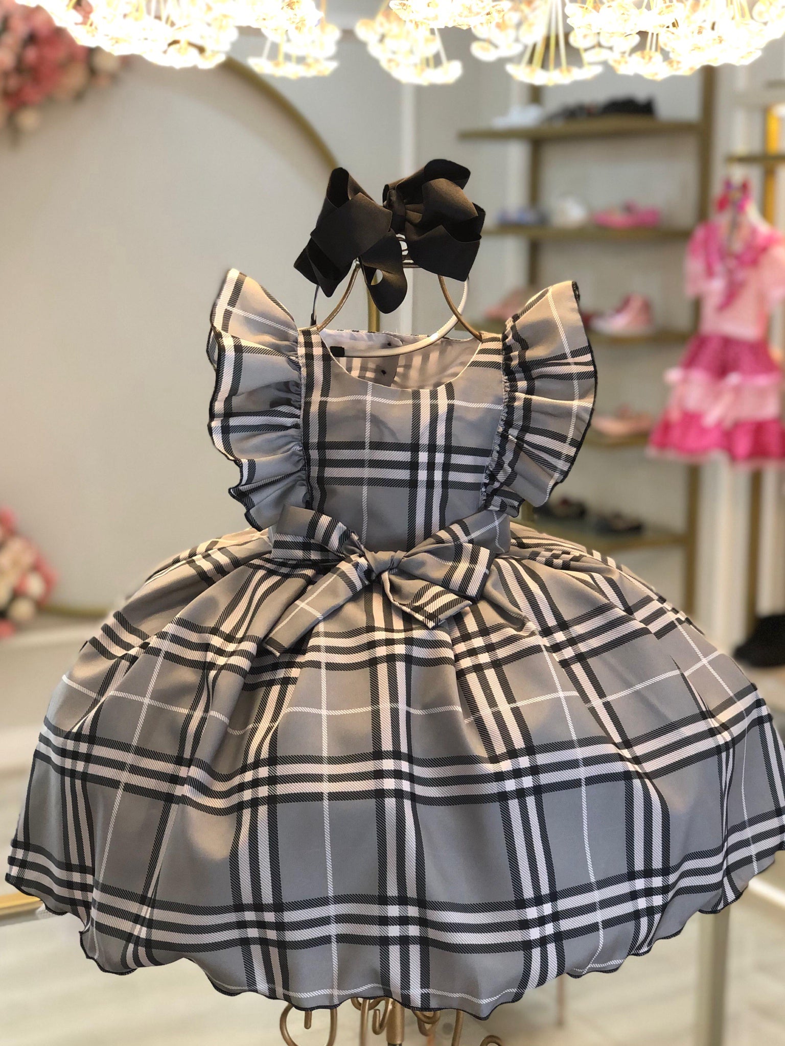 Vestido Infantil Xadrez Cinza Tartan Festas Luxo