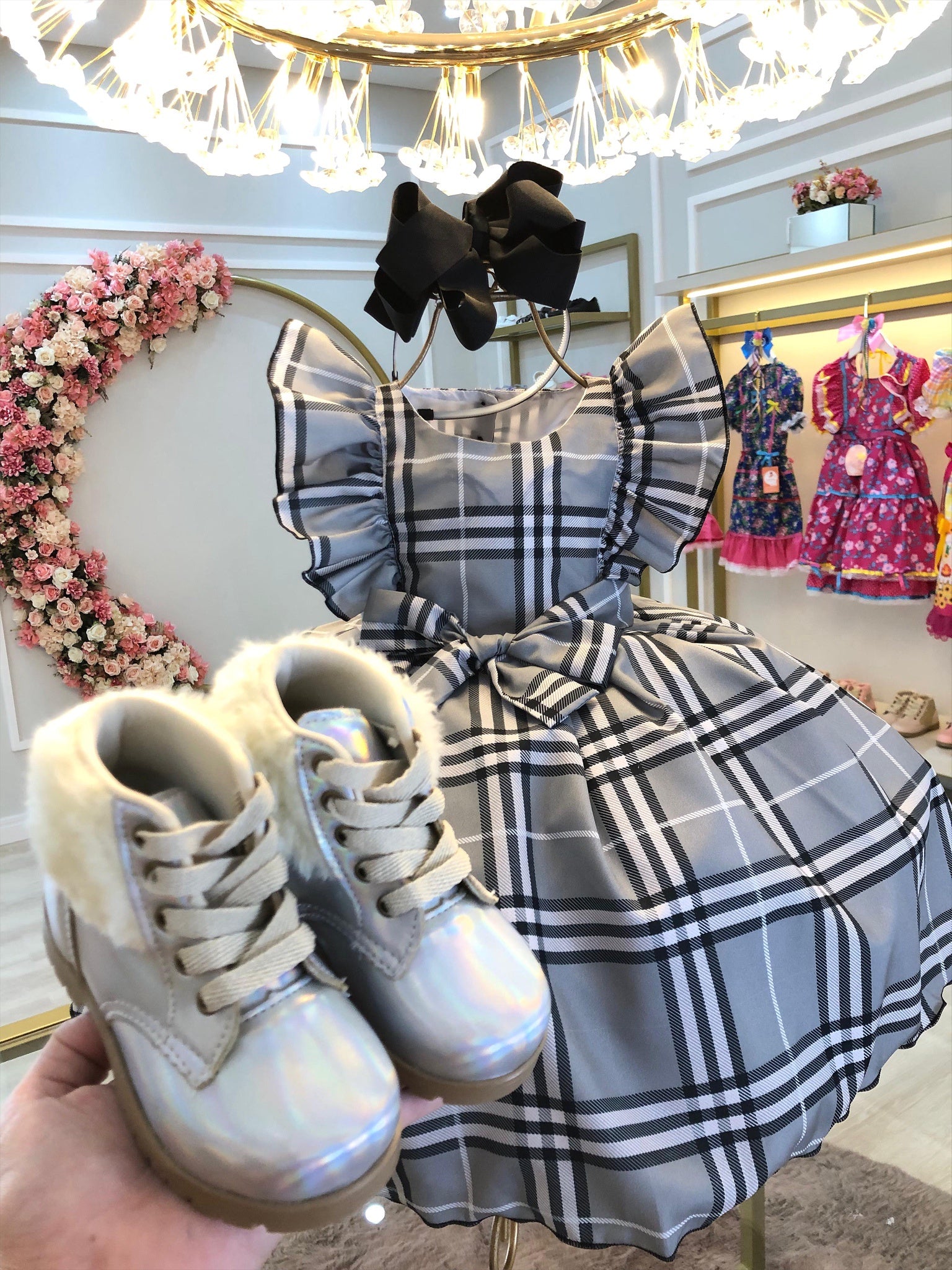 Vestido Infantil Xadrez Cinza Tartan Festas Luxo