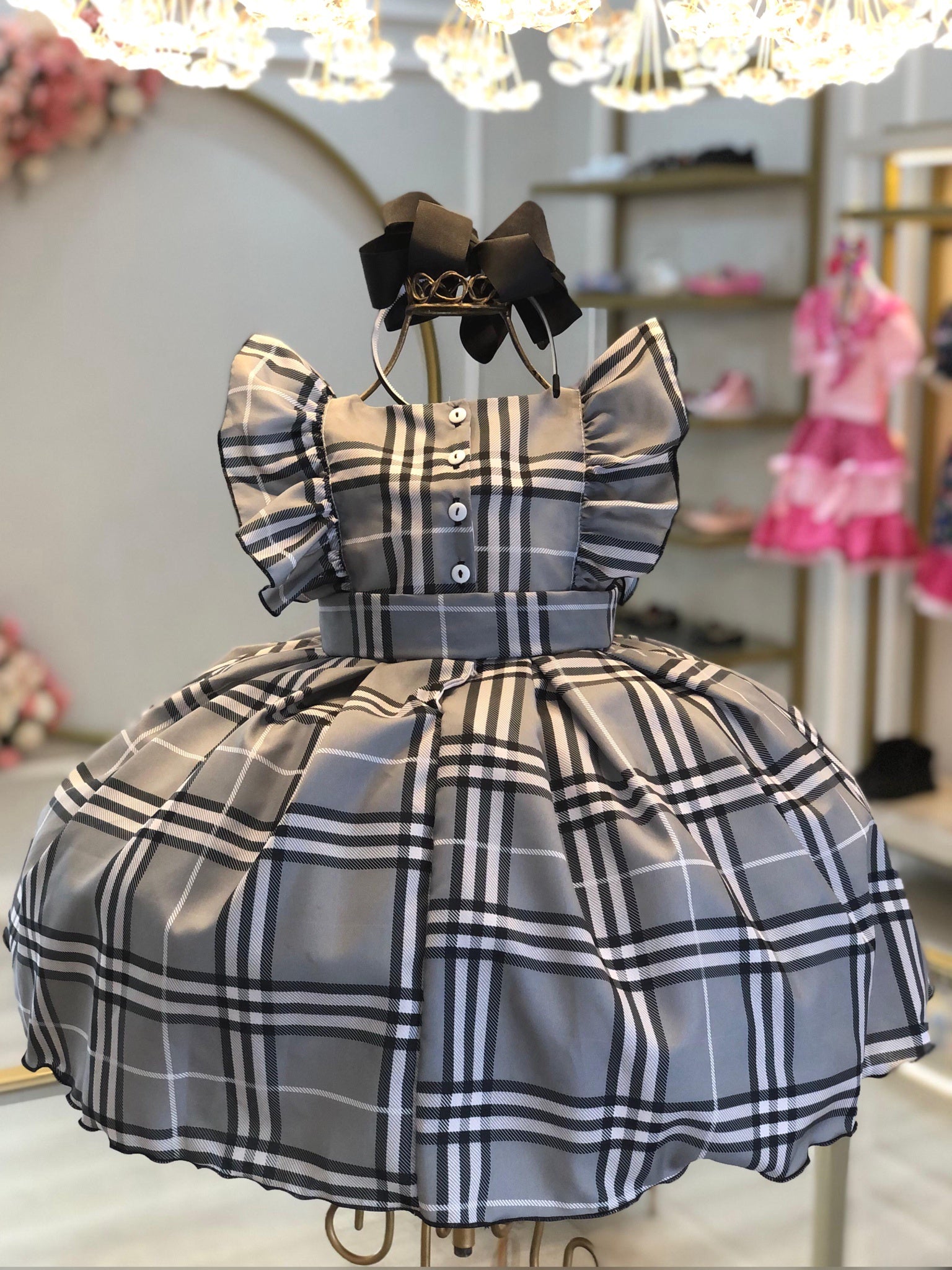 Vestido Infantil Xadrez Cinza Tartan Festas Luxo