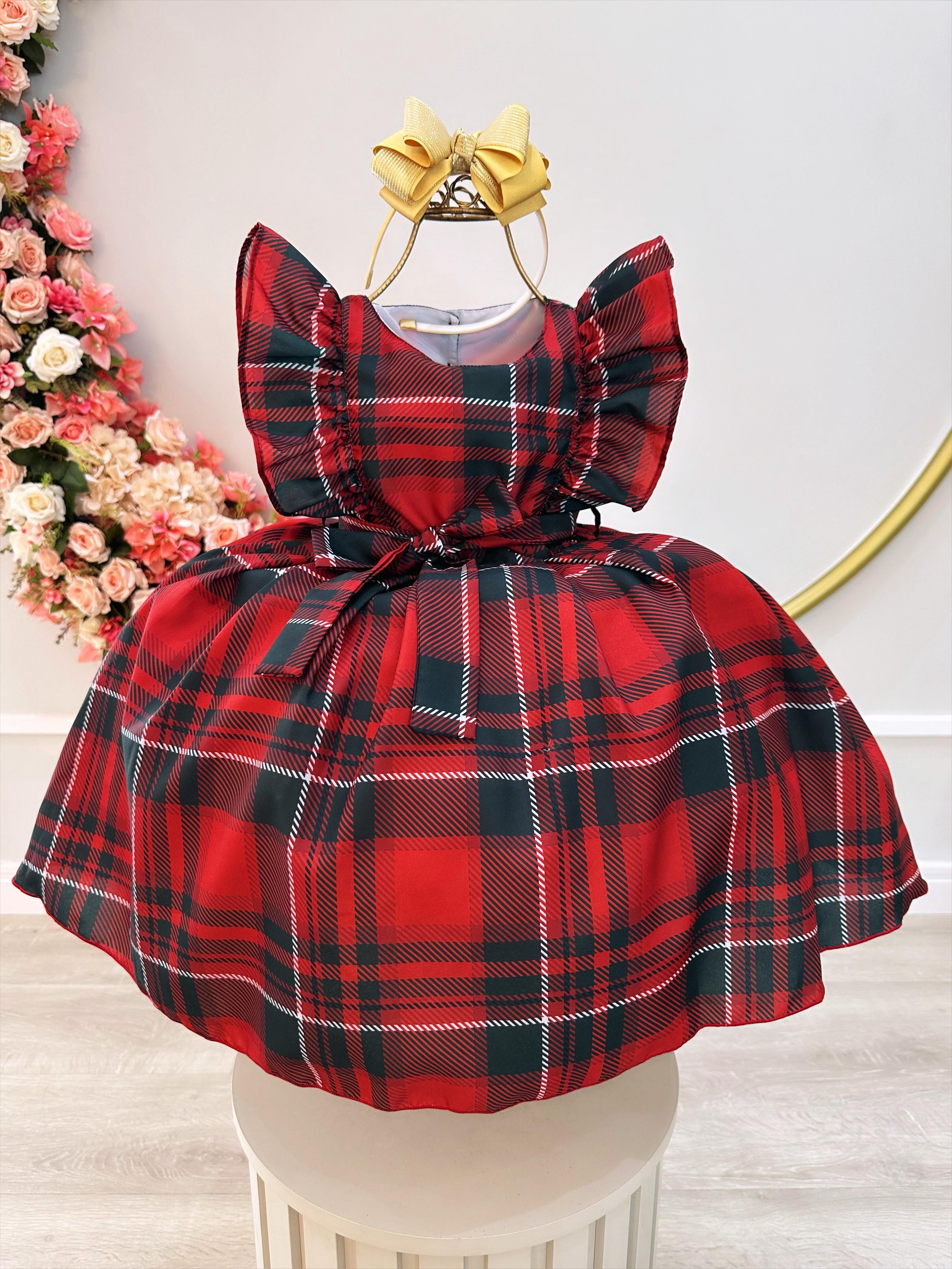Vestido Infantil Xadrez Vermelho Tartan Festas Luxo