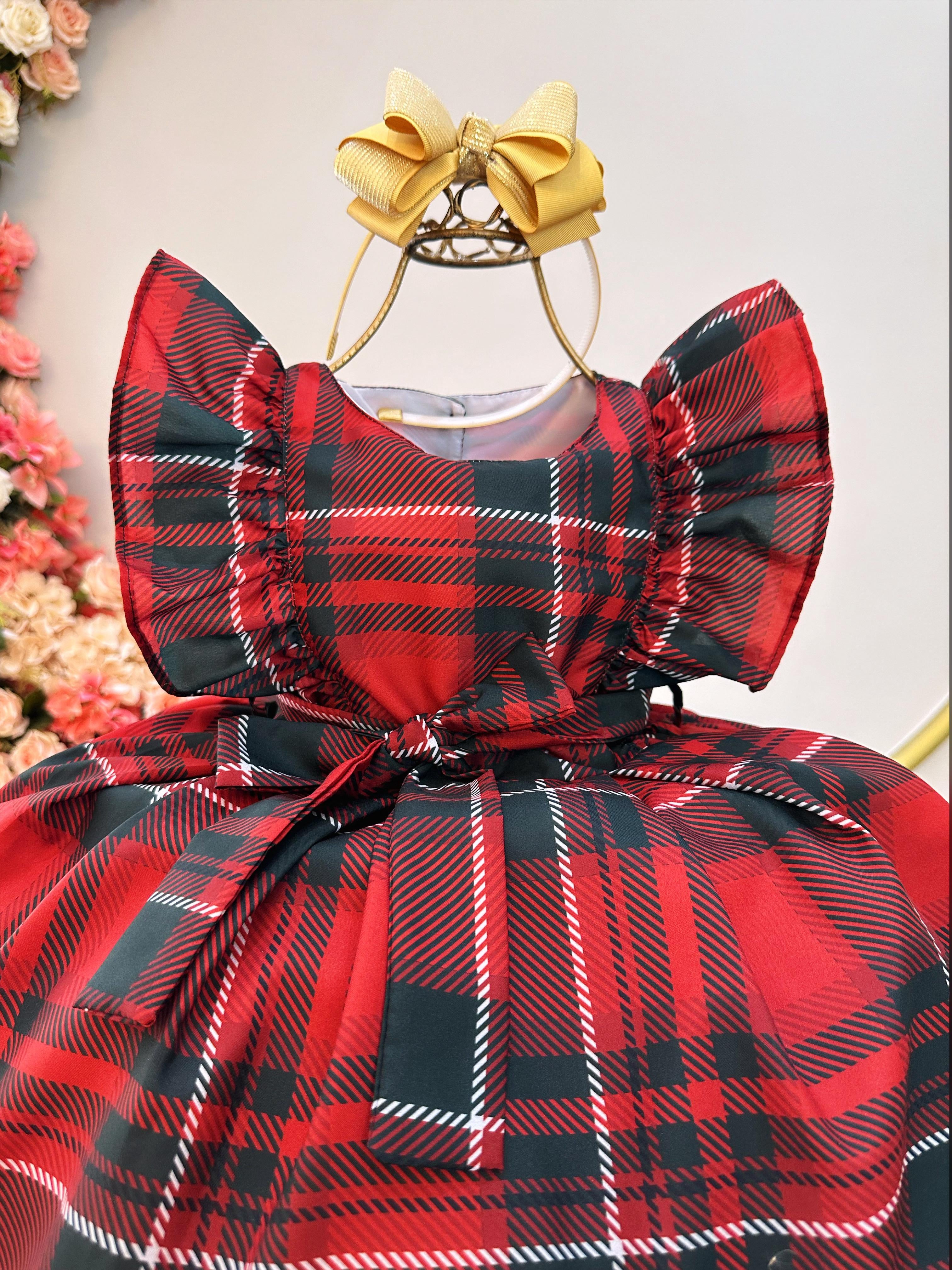Vestido Infantil Xadrez Vermelho Tartan Festas Luxo
