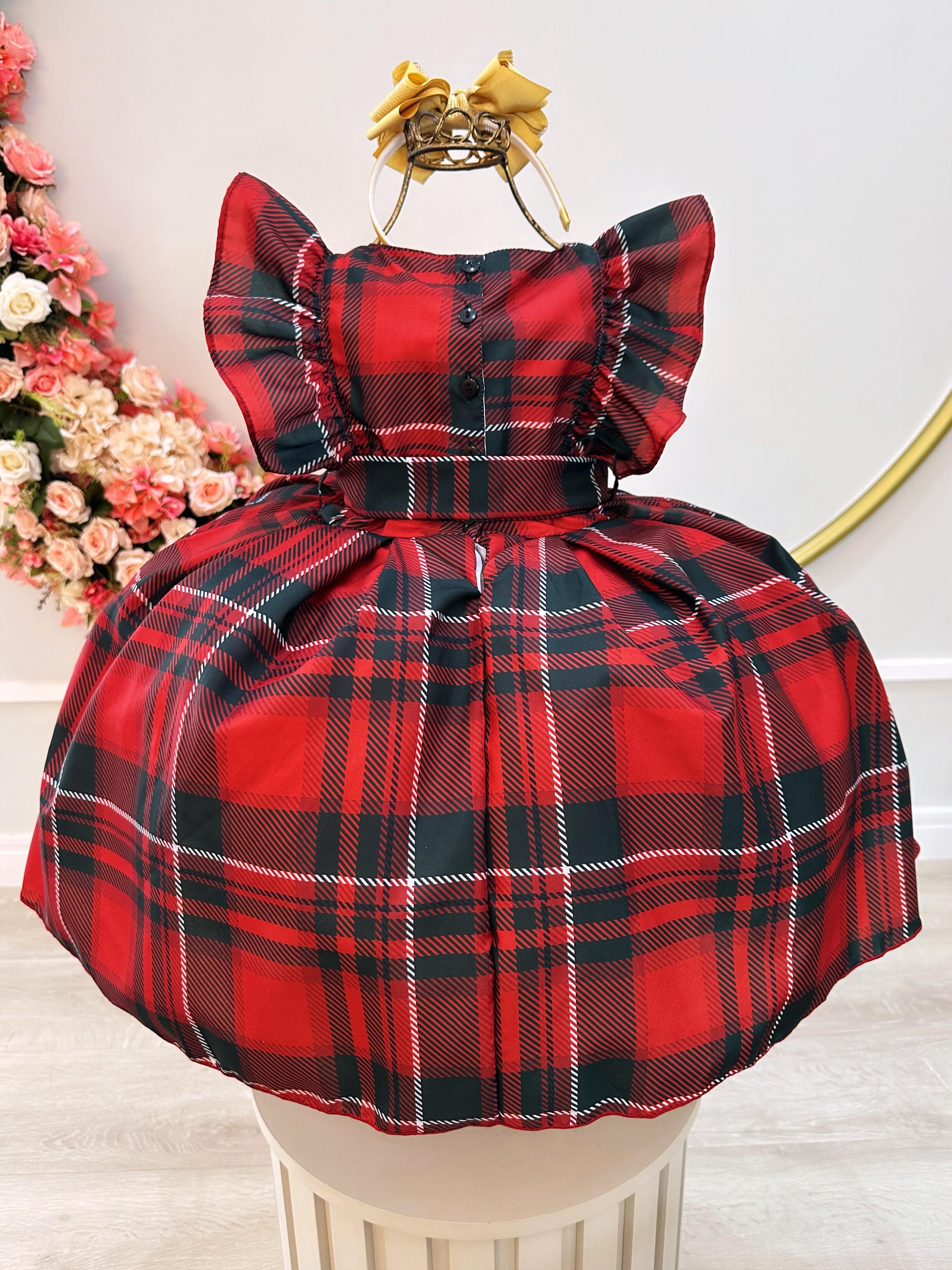 Vestido Infantil Xadrez Vermelho Tartan Festas Luxo