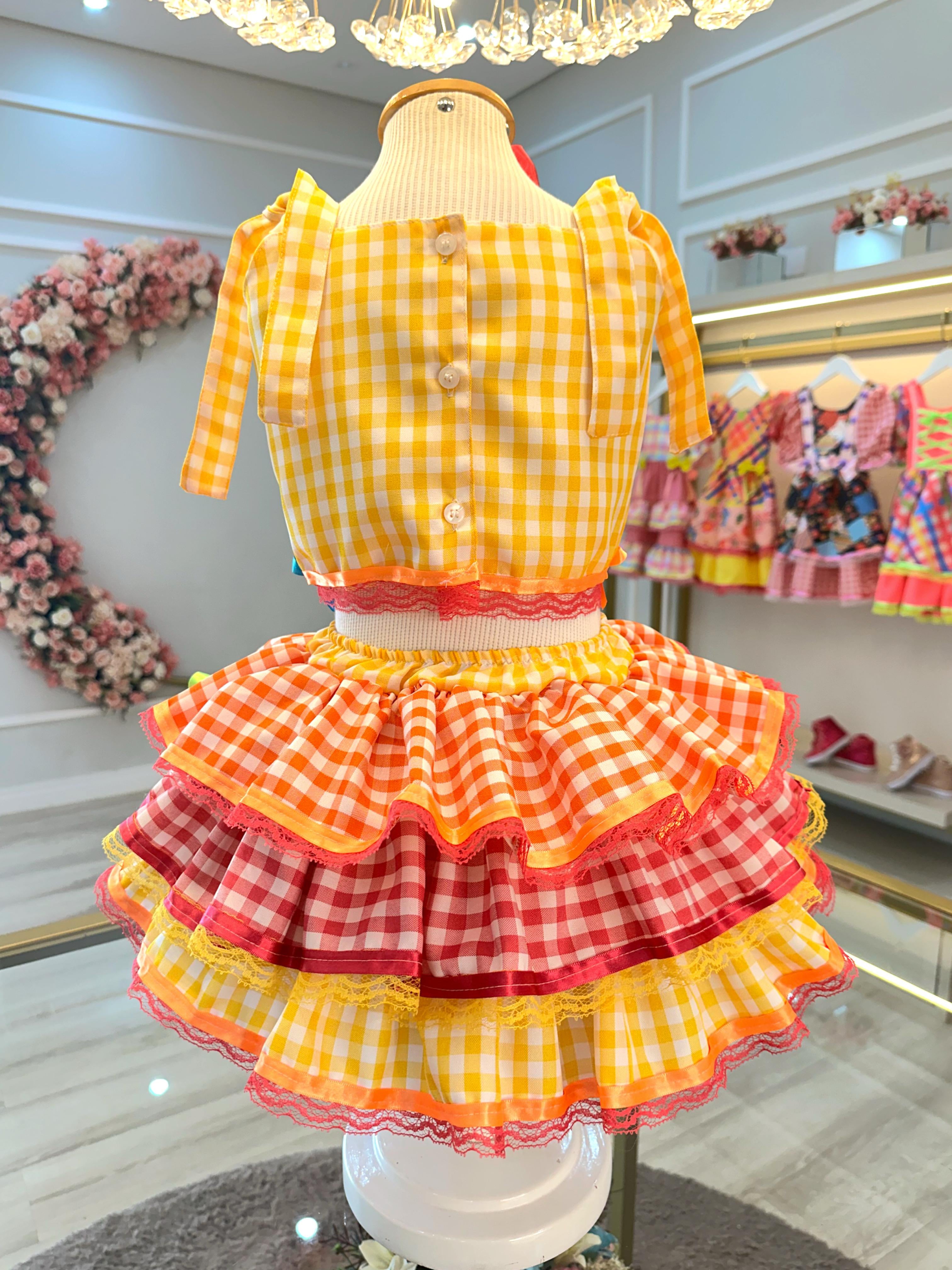 Conjunto Meninas Junino Cropped C/ Saia Amarelo Xadrez Colorido