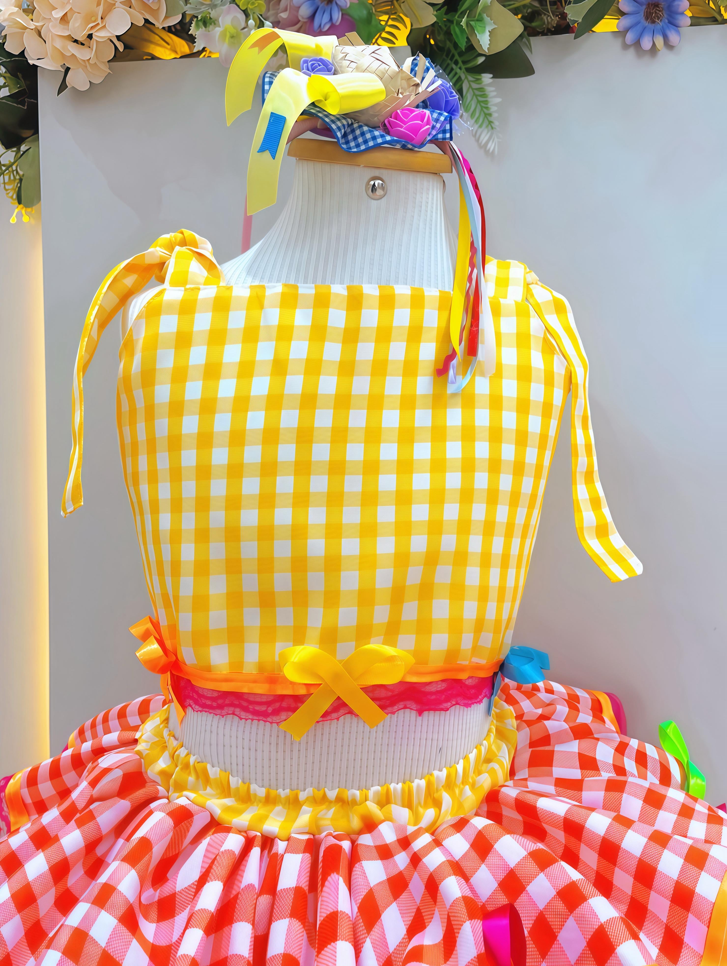 Conjunto Meninas Junino Cropped C/ Saia Amarelo Xadrez Colorido