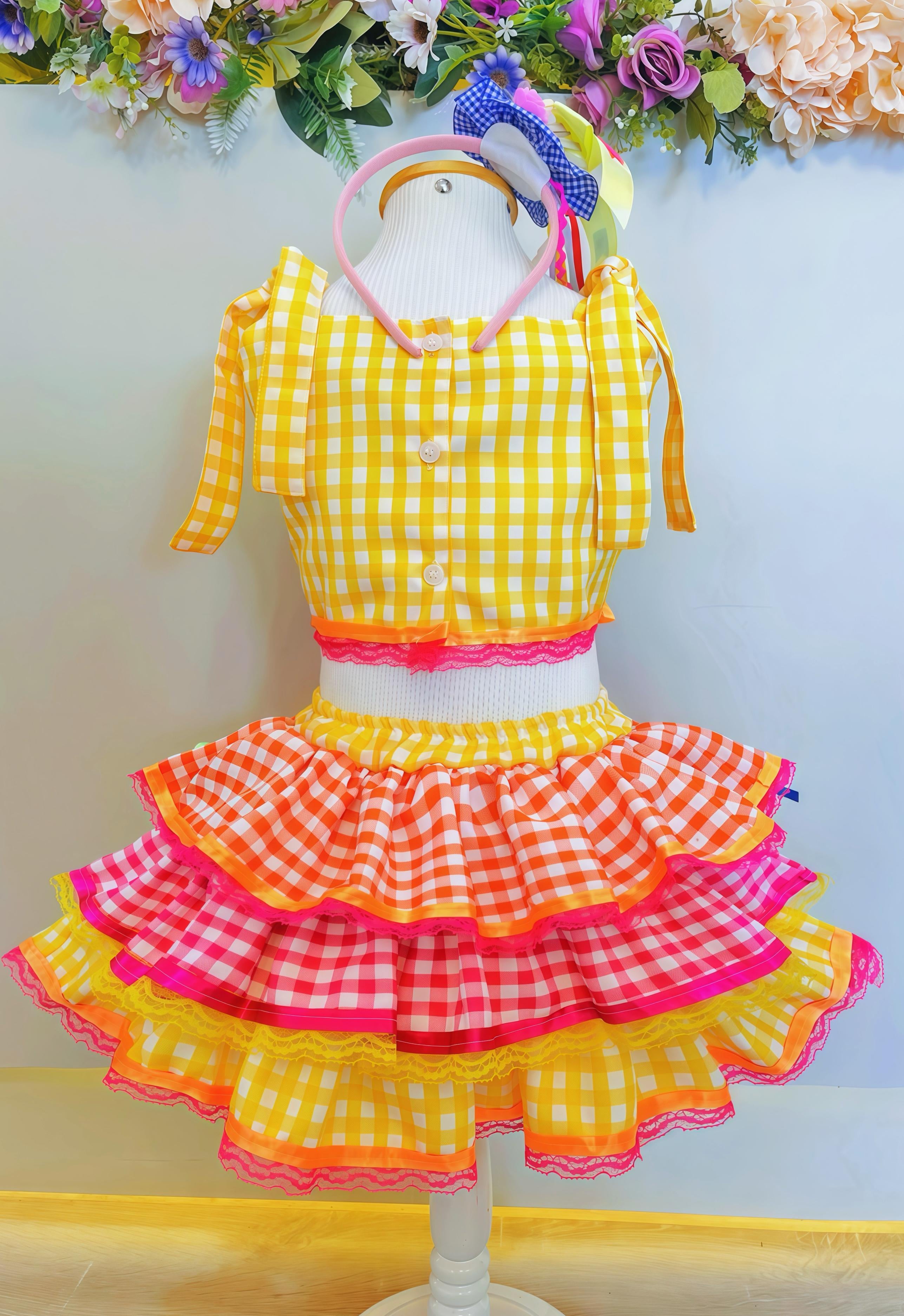 Conjunto Meninas Junino Cropped C/ Saia Amarelo Xadrez Colorido