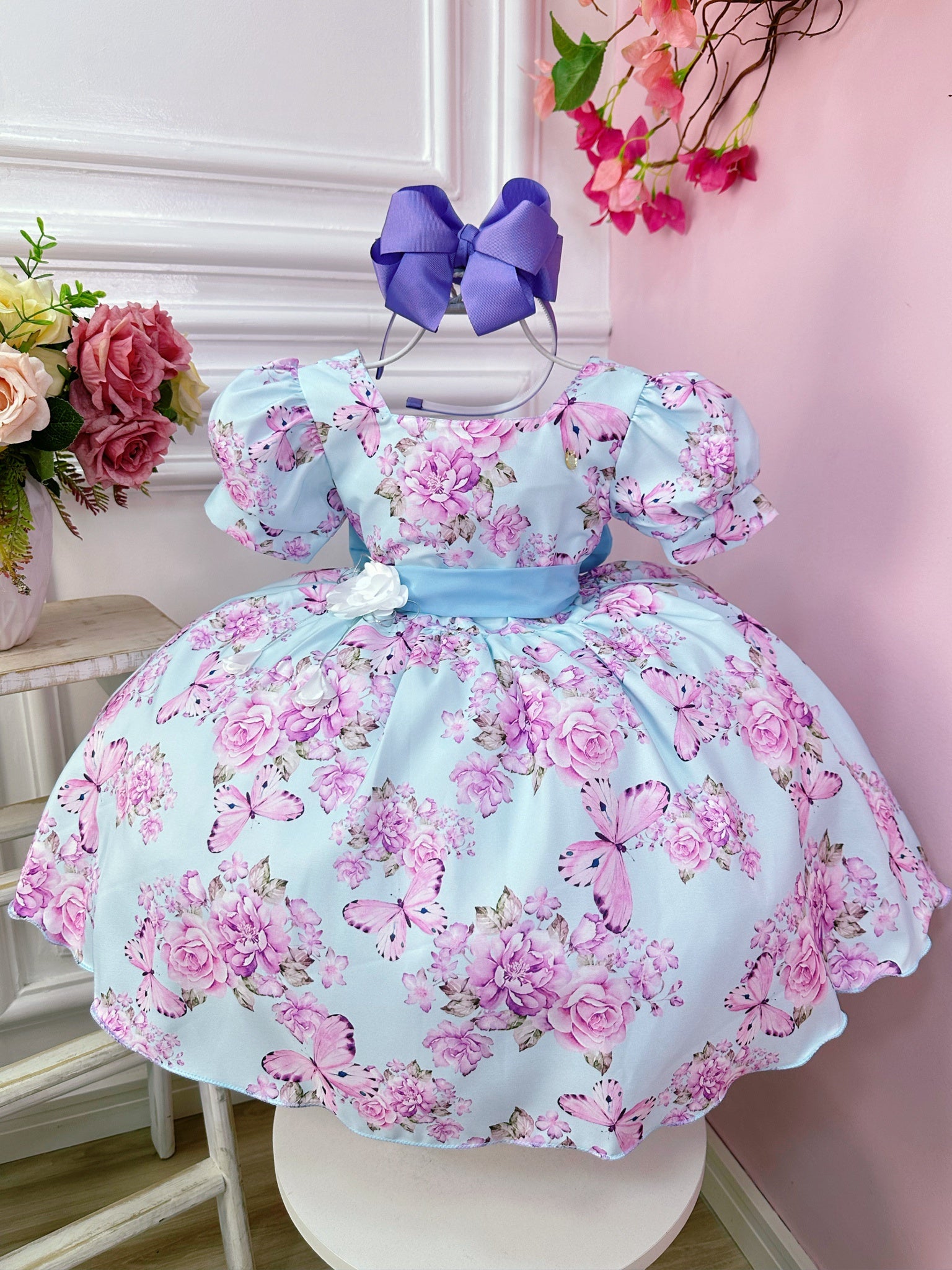 Vestido Infantil Azul Bebê Jardim das Borboletas C/ Broche