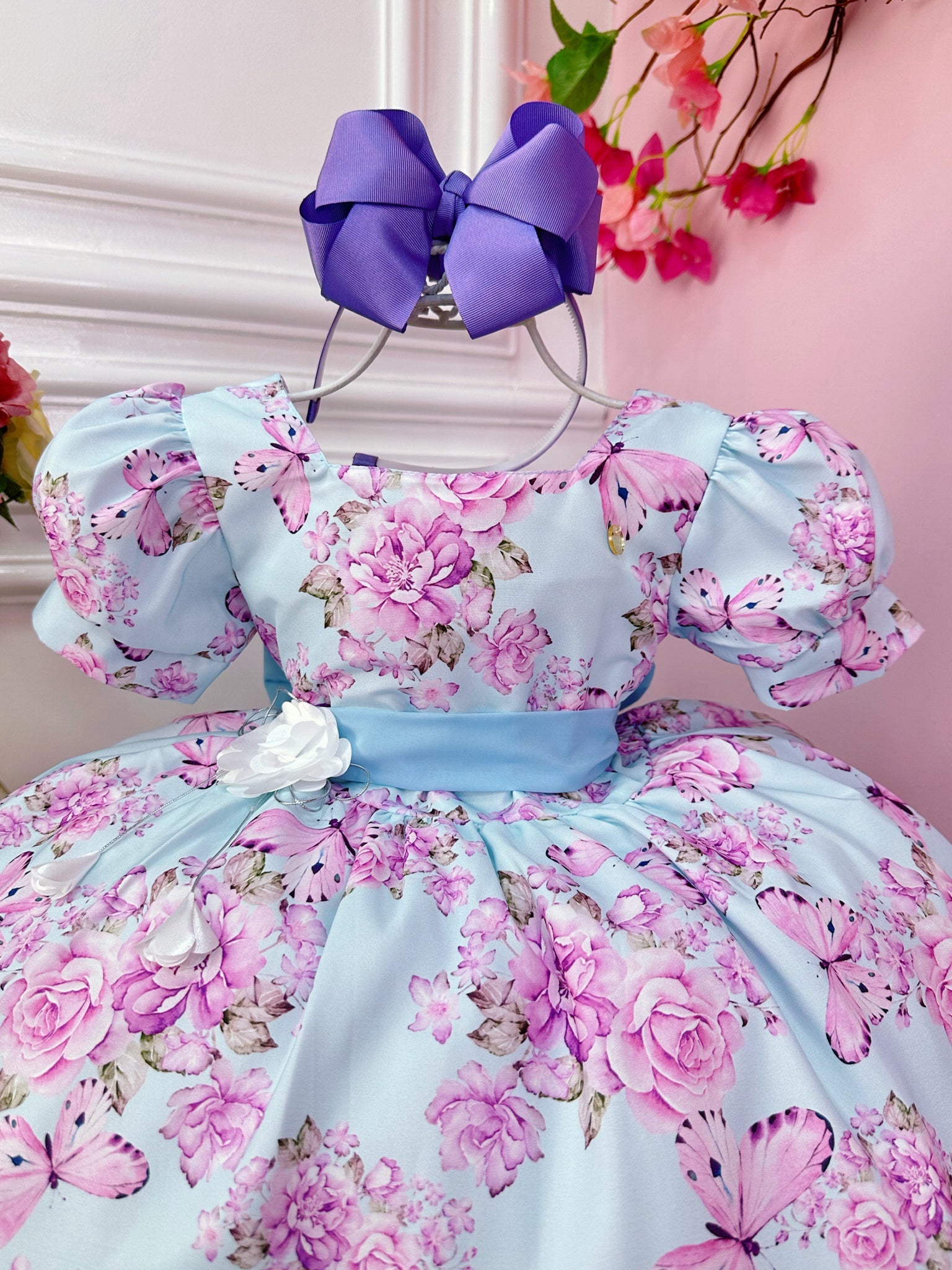 Vestido Infantil Azul Bebê Jardim das Borboletas C/ Broche