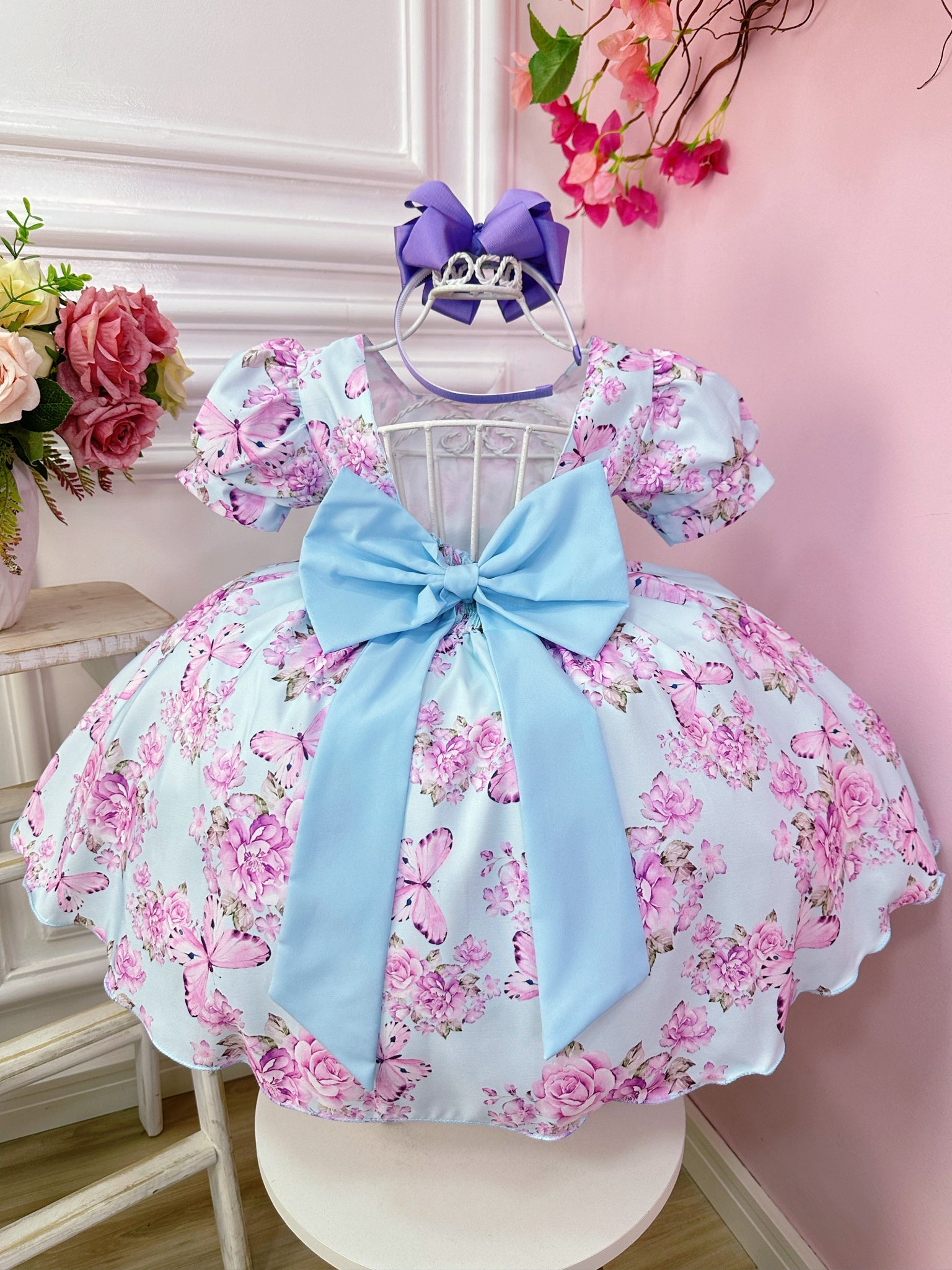 Vestido Infantil Azul Bebê Jardim das Borboletas C/ Broche