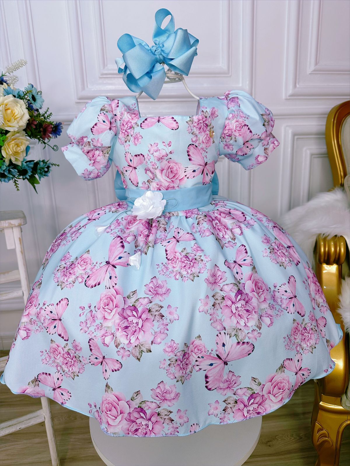 Vestido Infantil Azul Bebê Jardim das Borboletas C/ Broche