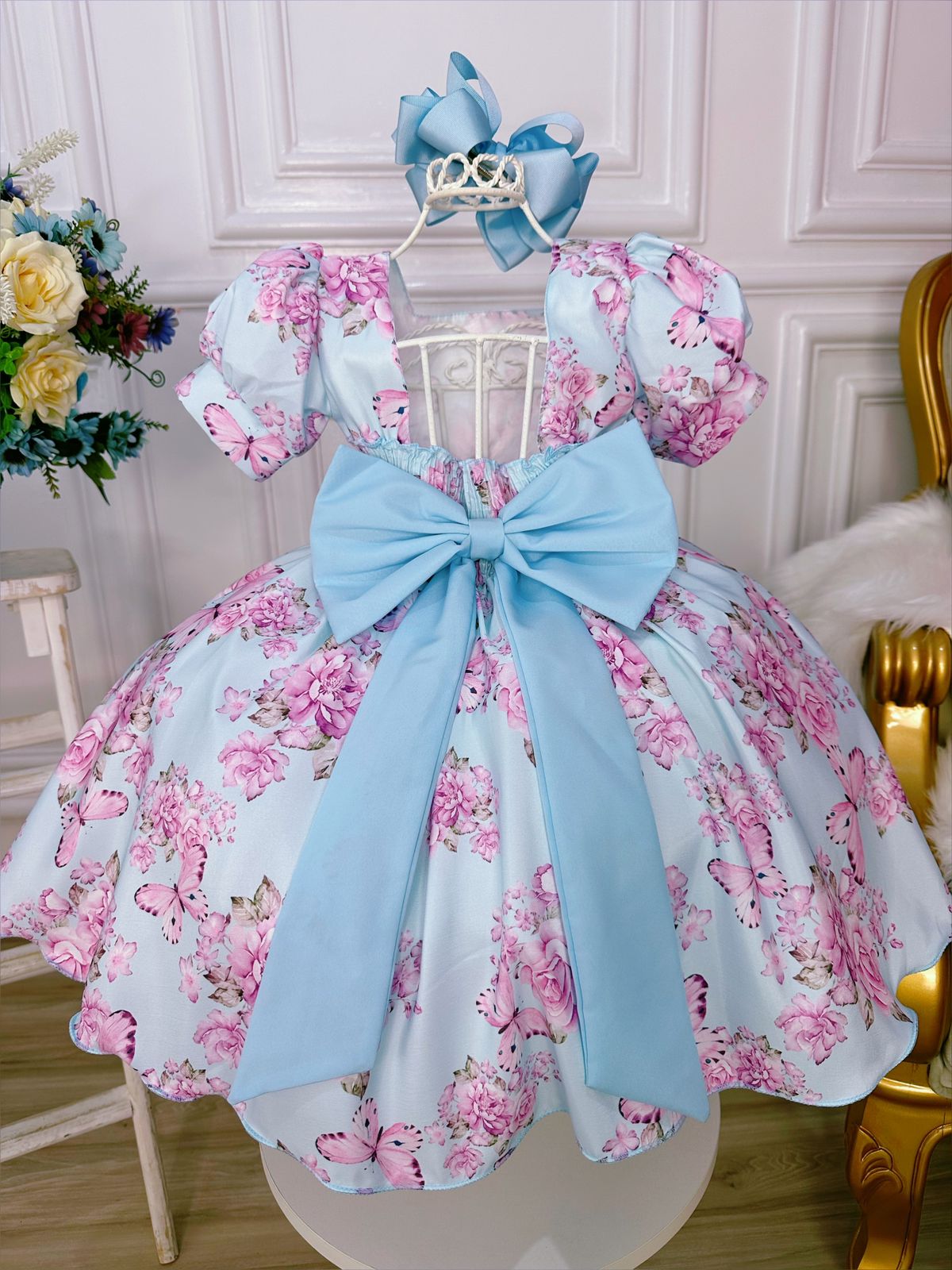Vestido Infantil Azul Bebê Jardim das Borboletas C/ Broche