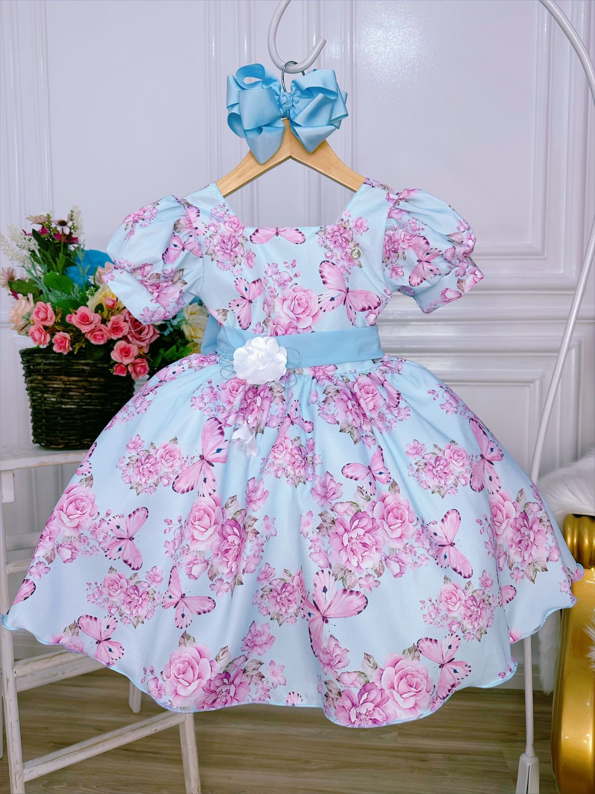 Vestido Infantil Azul Bebê Jardim das Borboletas C/ Broche