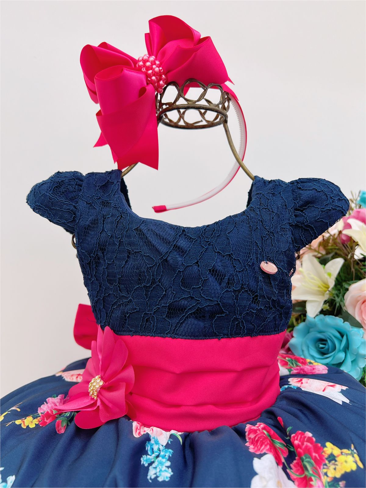 Vestido Infantil Azul Escuro Renda Jardim Broche Flor Strass