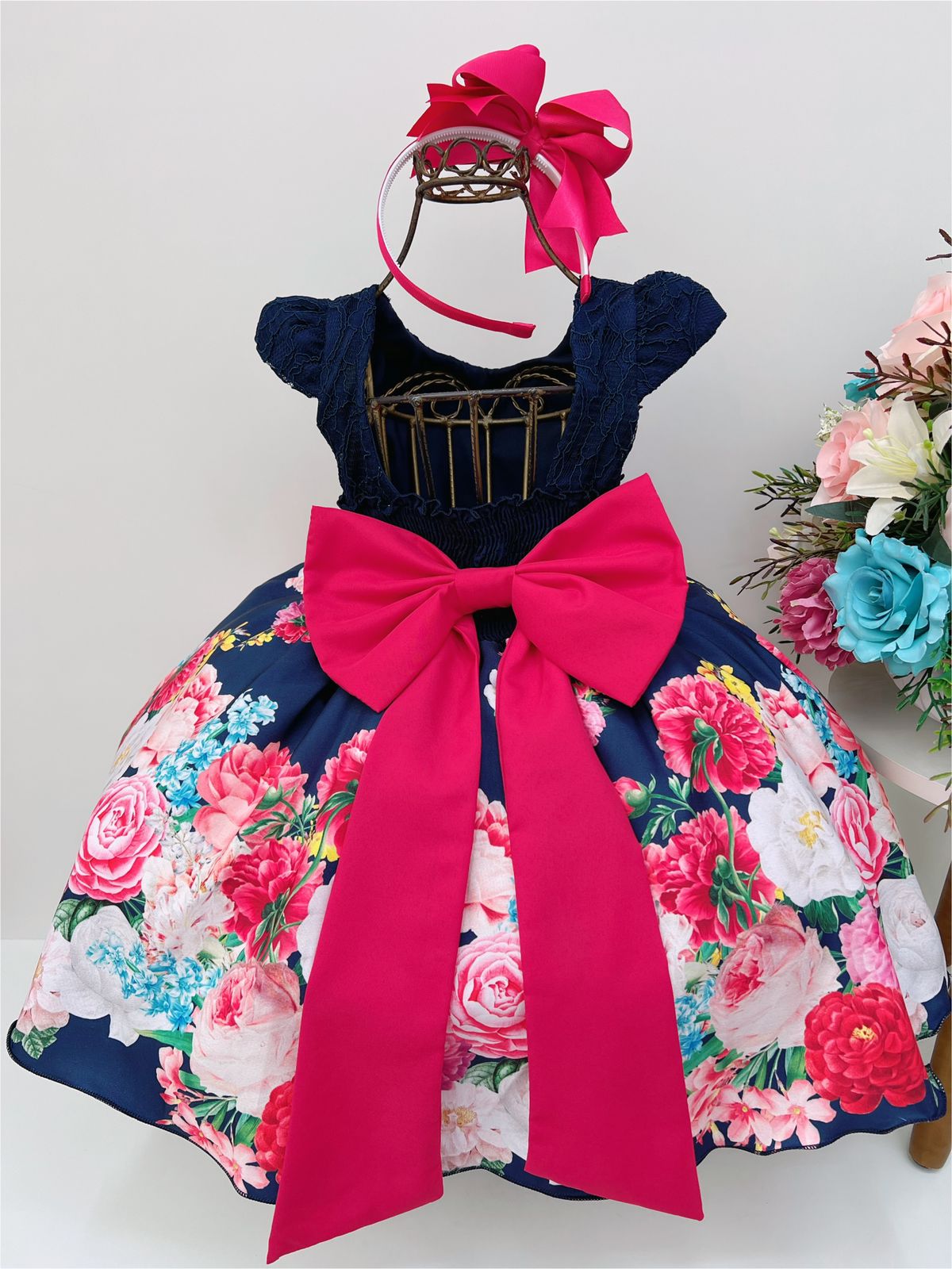 Vestido Infantil Azul Escuro Renda Jardim Broche Flor Strass