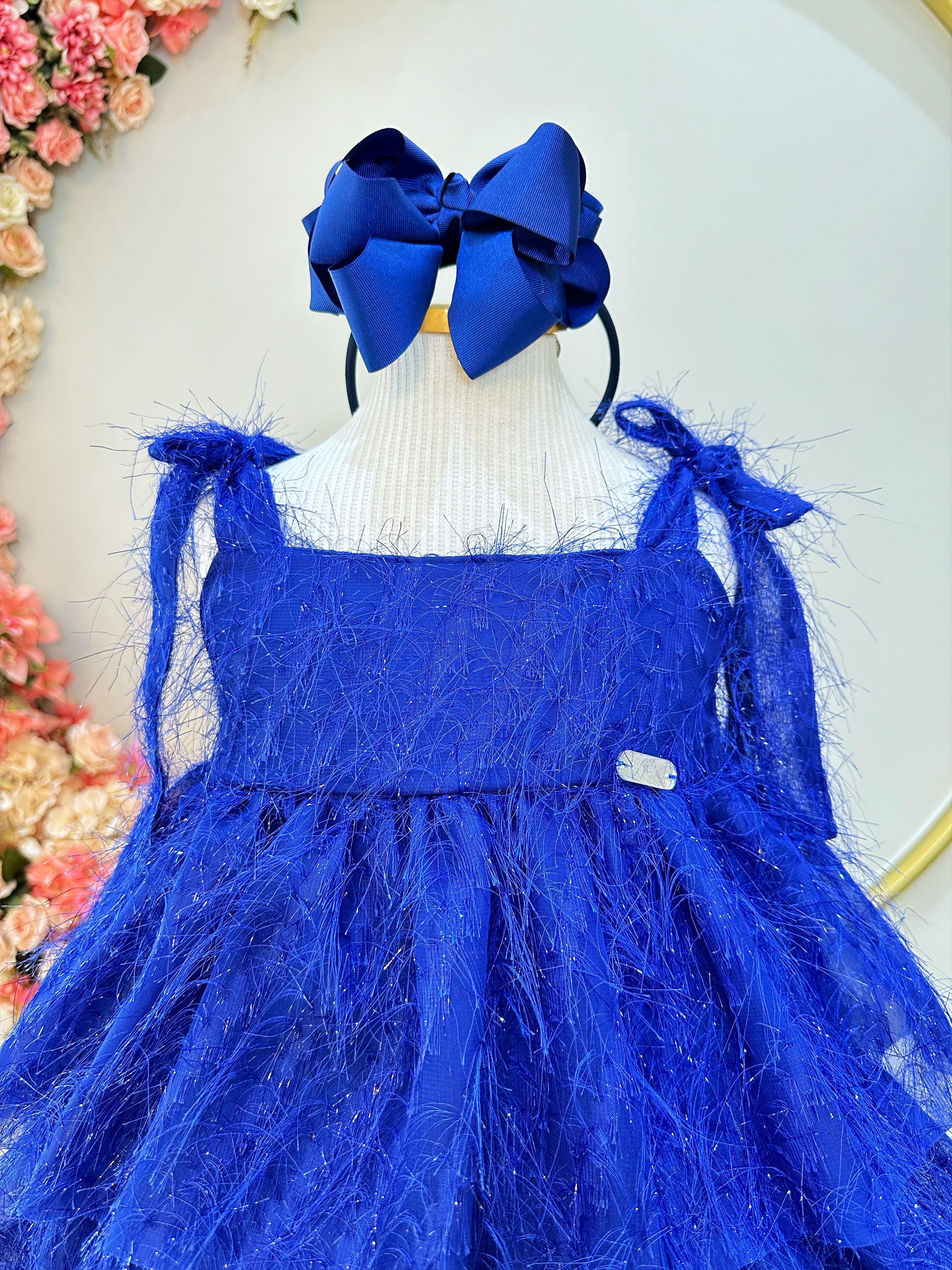 Vestido Infantil Azul Royal de Alça e Com Plumas Luxo