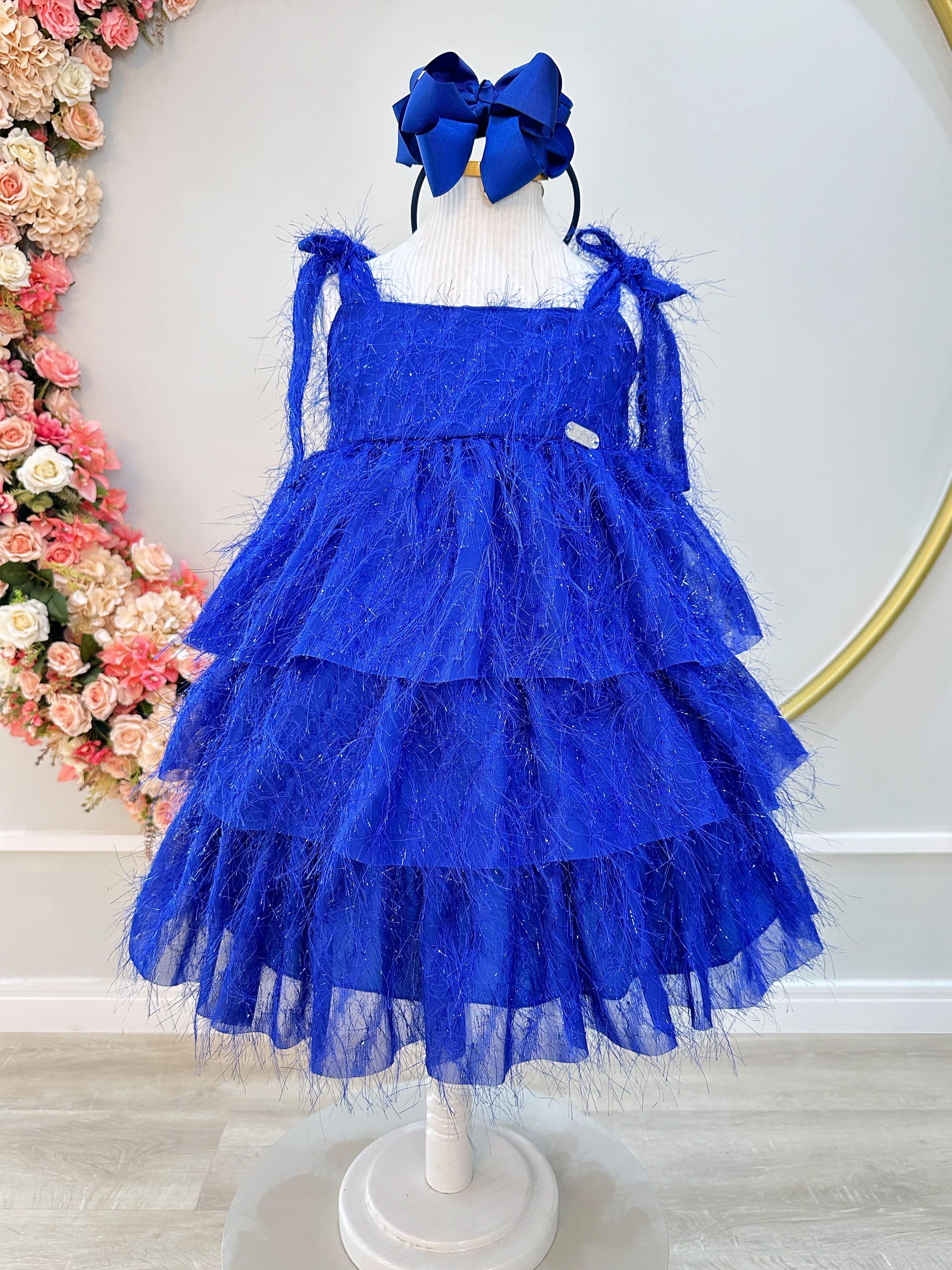 Vestido Infantil Azul Royal de Alça e Com Plumas Luxo