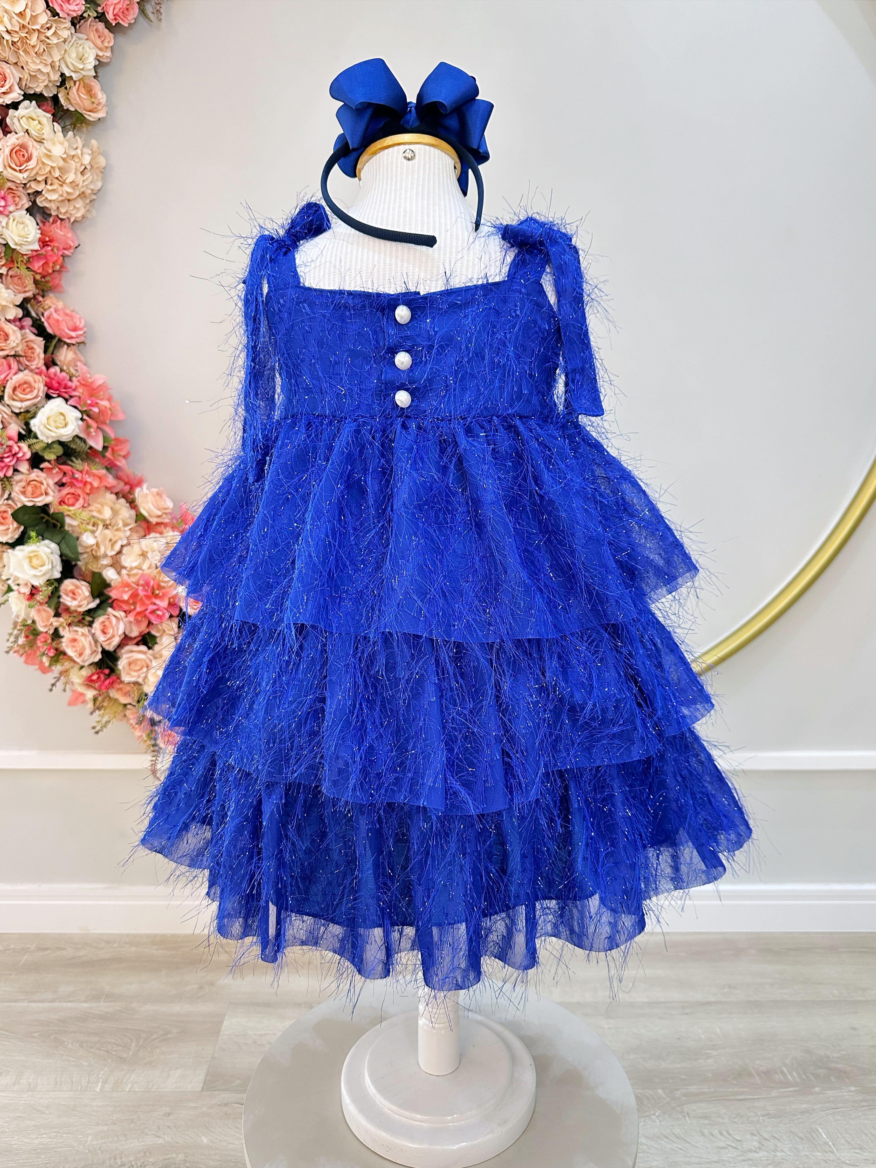 Vestido Infantil Azul Royal de Alça e Com Plumas Luxo