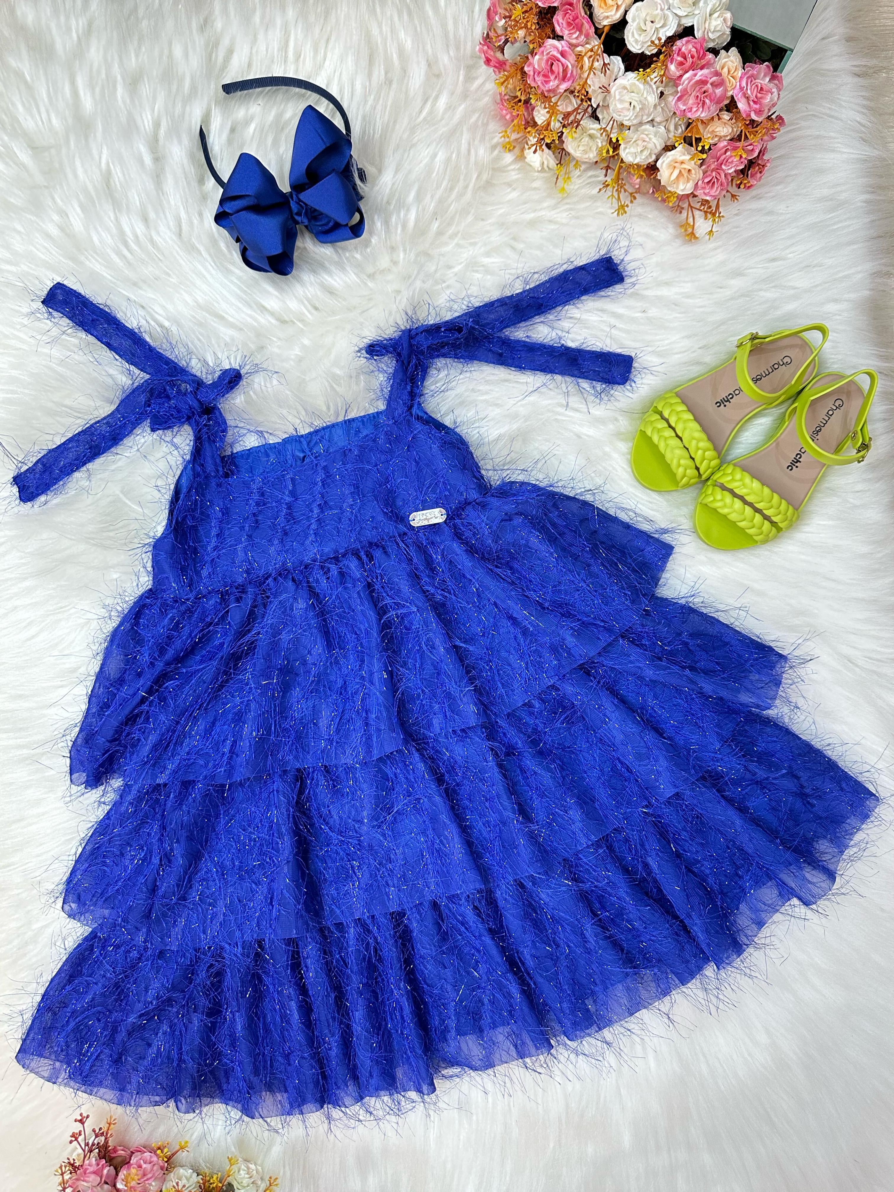 Vestido Infantil Azul Royal de Alça e Com Plumas Luxo