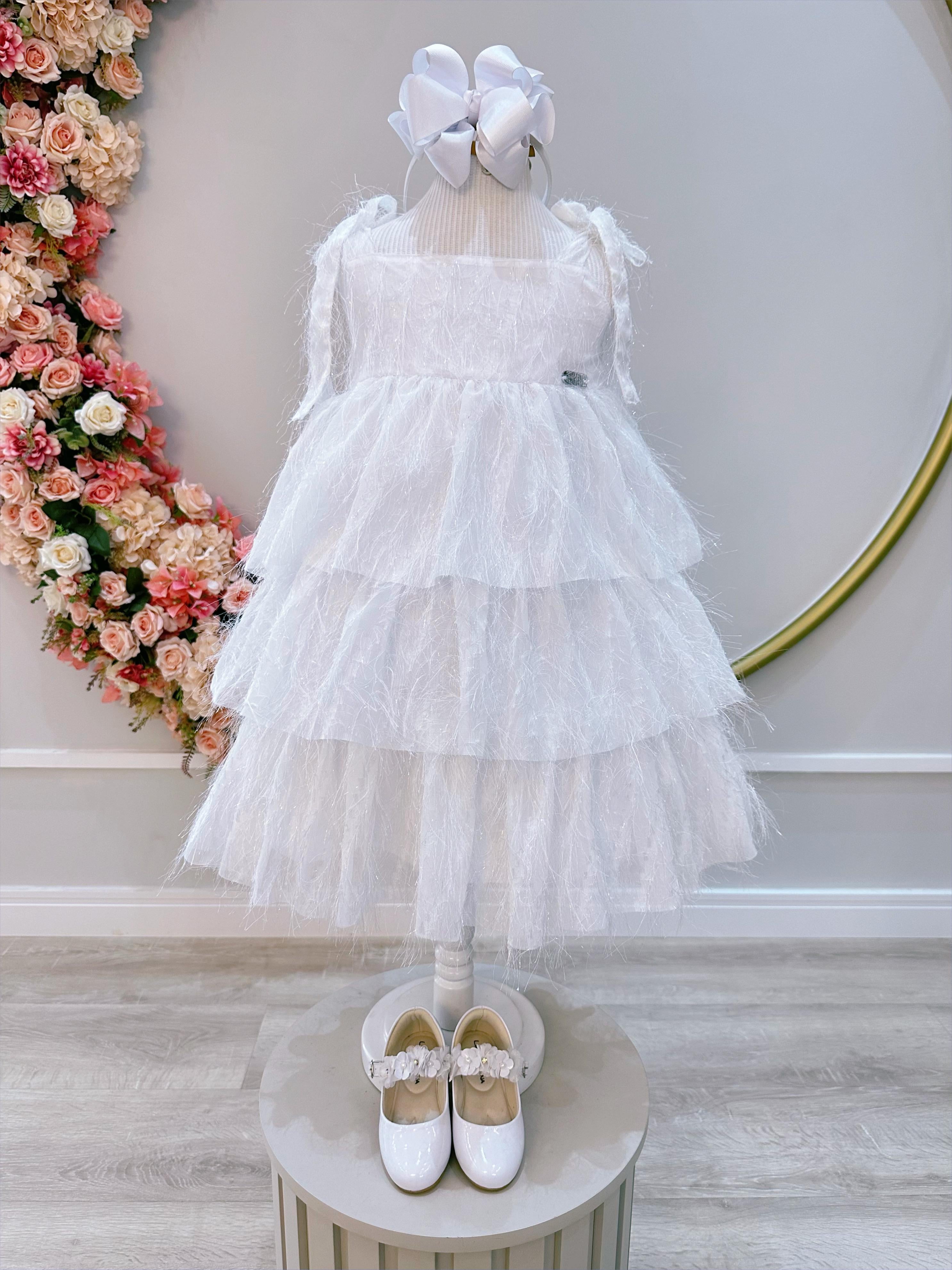 Vestido Infantil Branco de Alça e Com Plumas Luxo