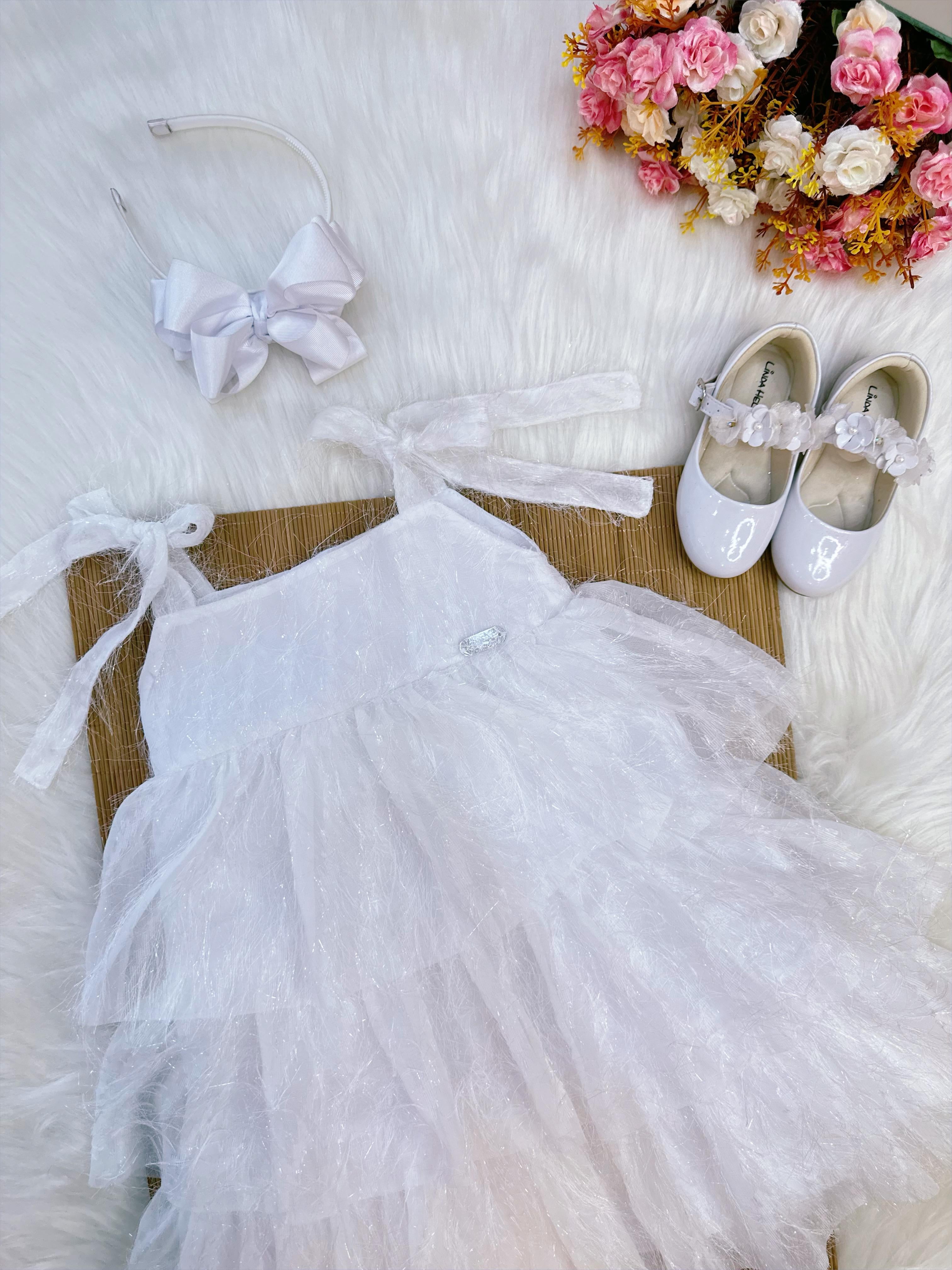 Vestido Infantil Branco de Alça e Com Plumas Luxo