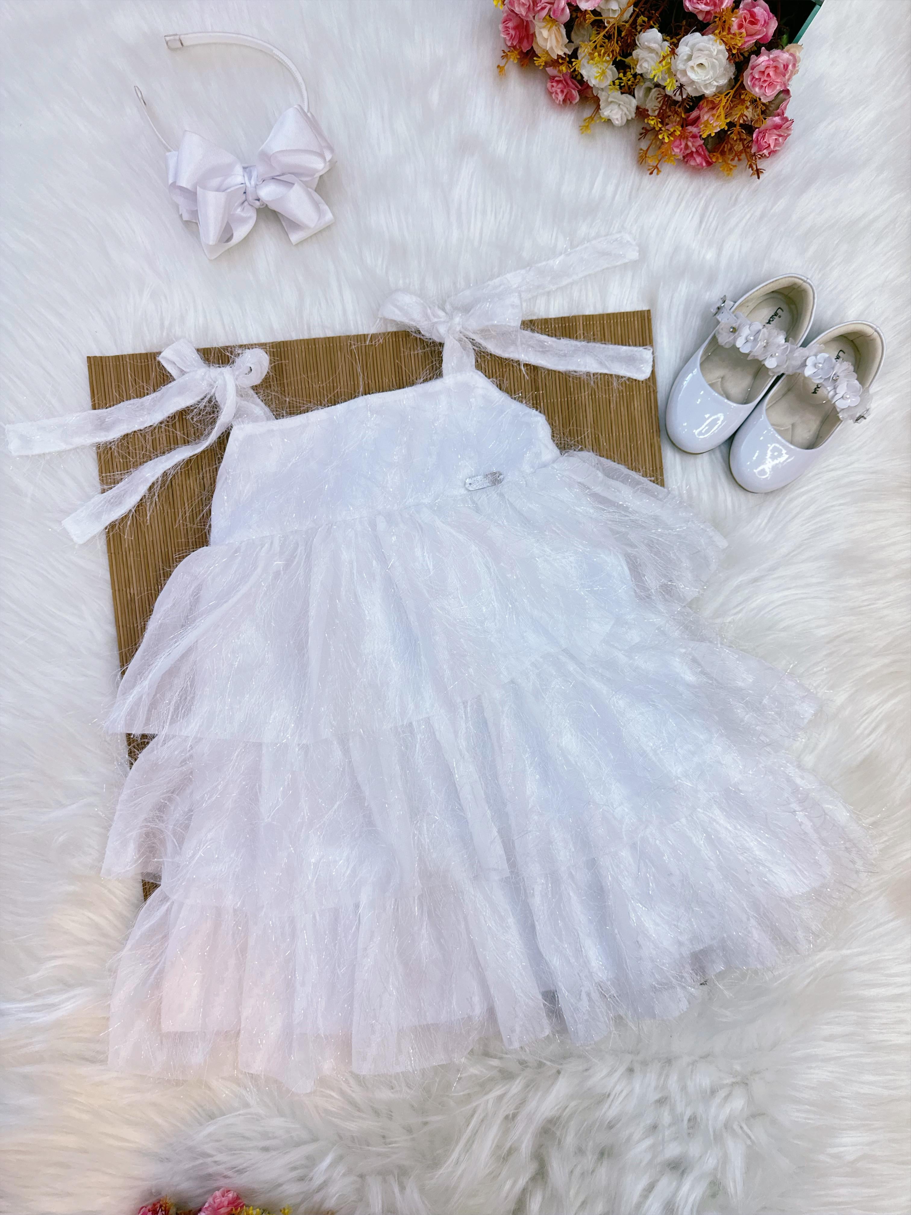 Vestido Infantil Branco de Alça e Com Plumas Luxo
