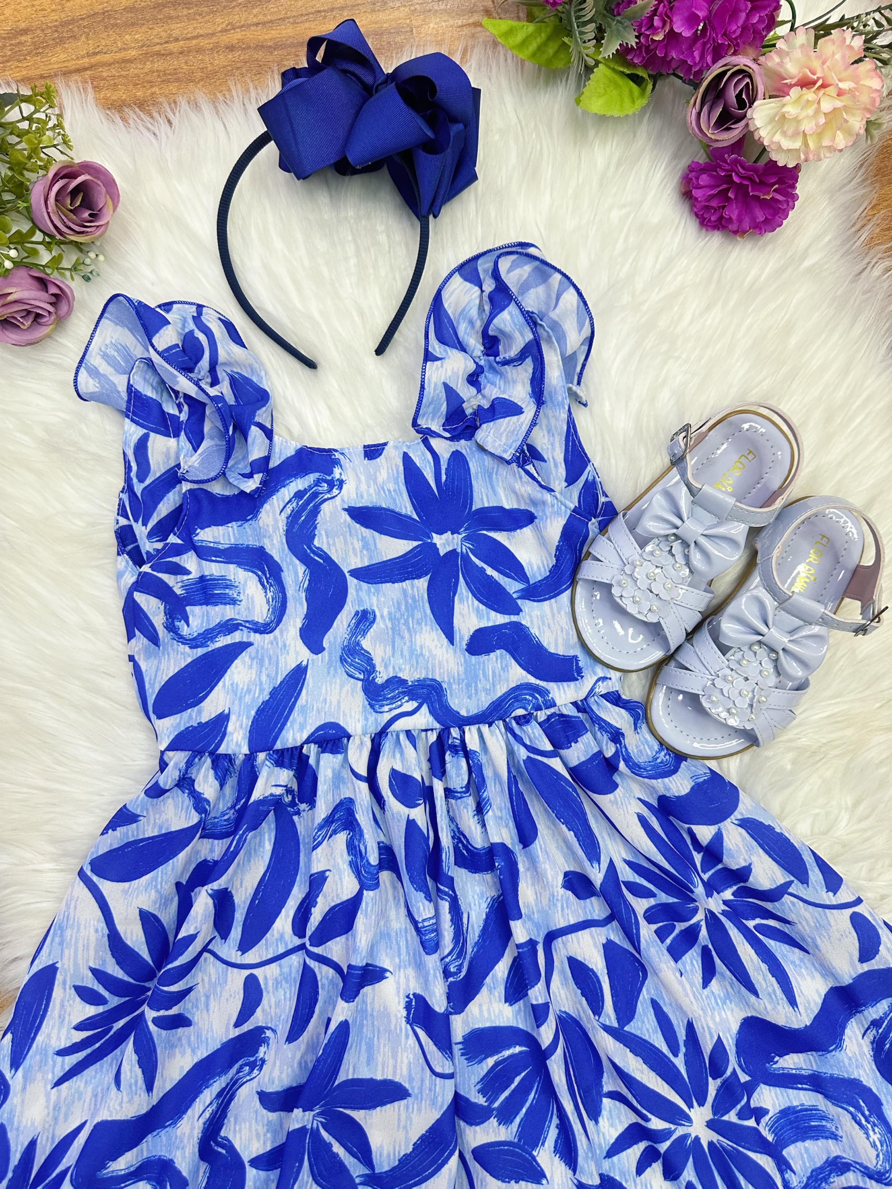 Vestido Infantil Casual Primavera Florido Azul