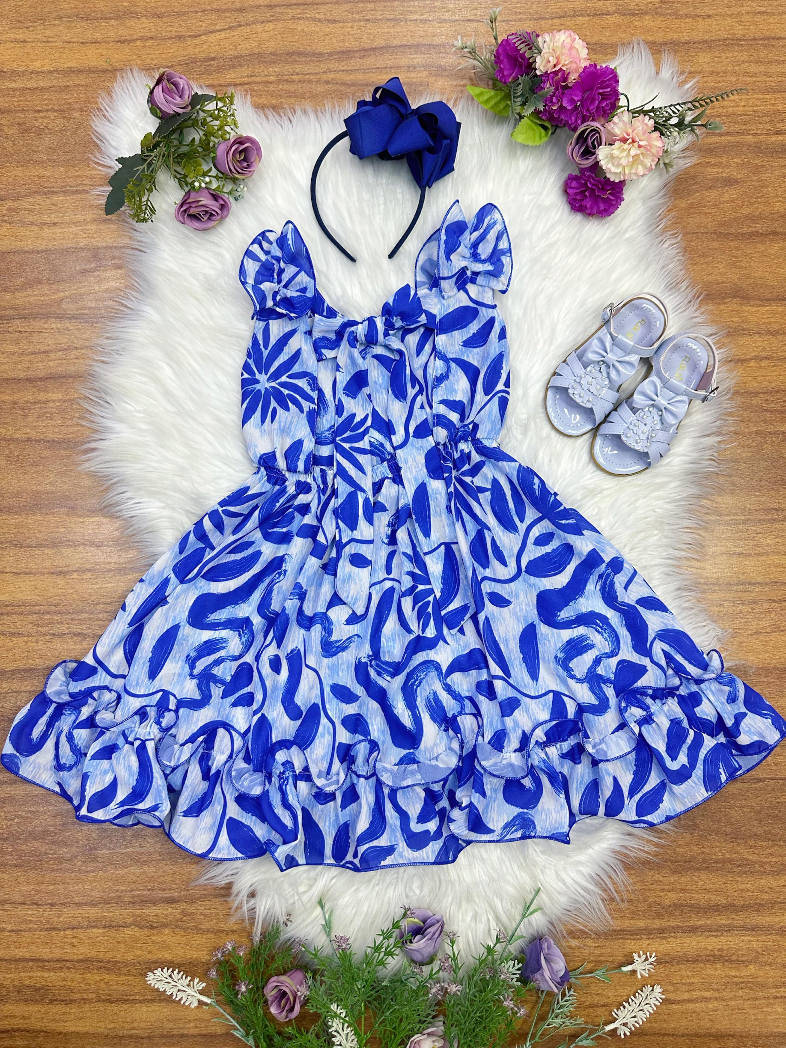 Vestido Infantil Casual Primavera Florido Azul