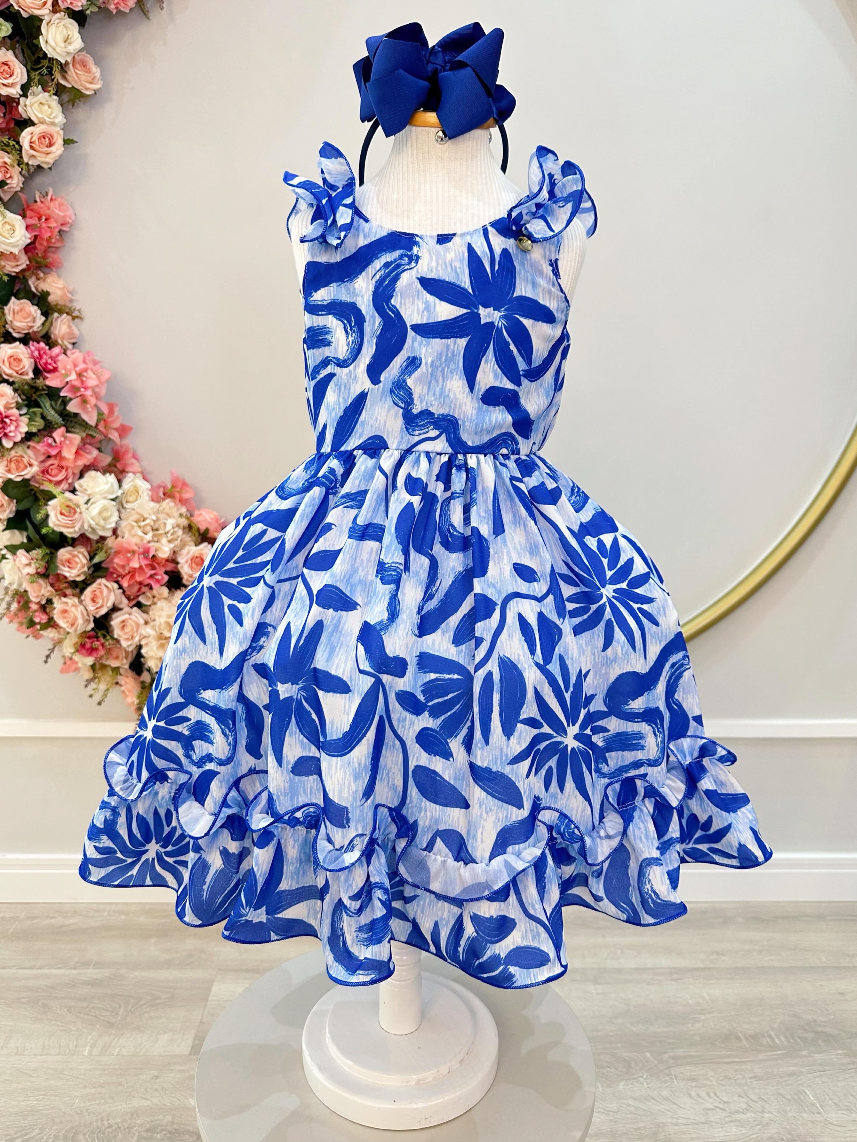 Vestido Infantil Casual Primavera Florido Azul