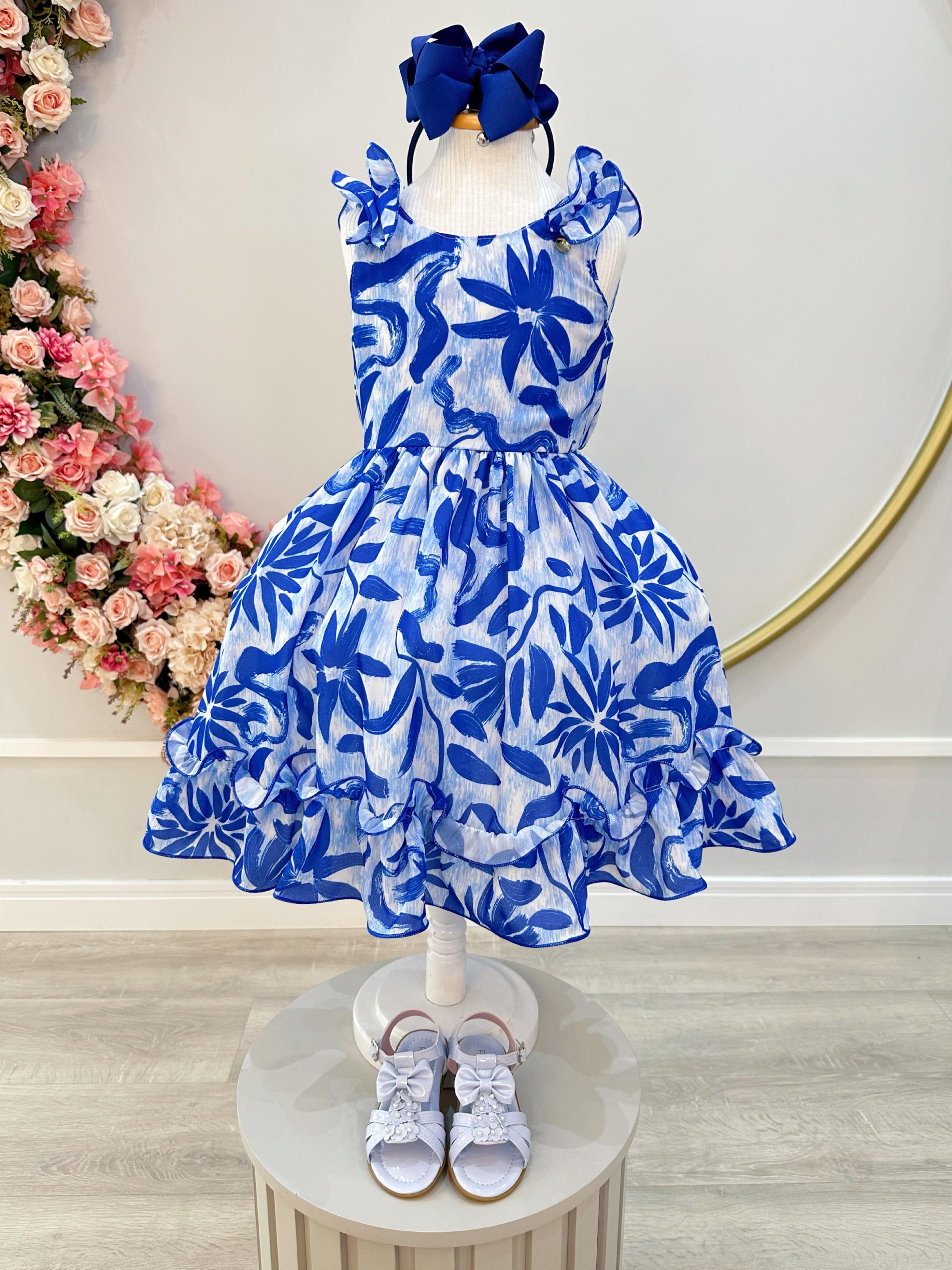 Vestido Infantil Casual Primavera Florido Azul