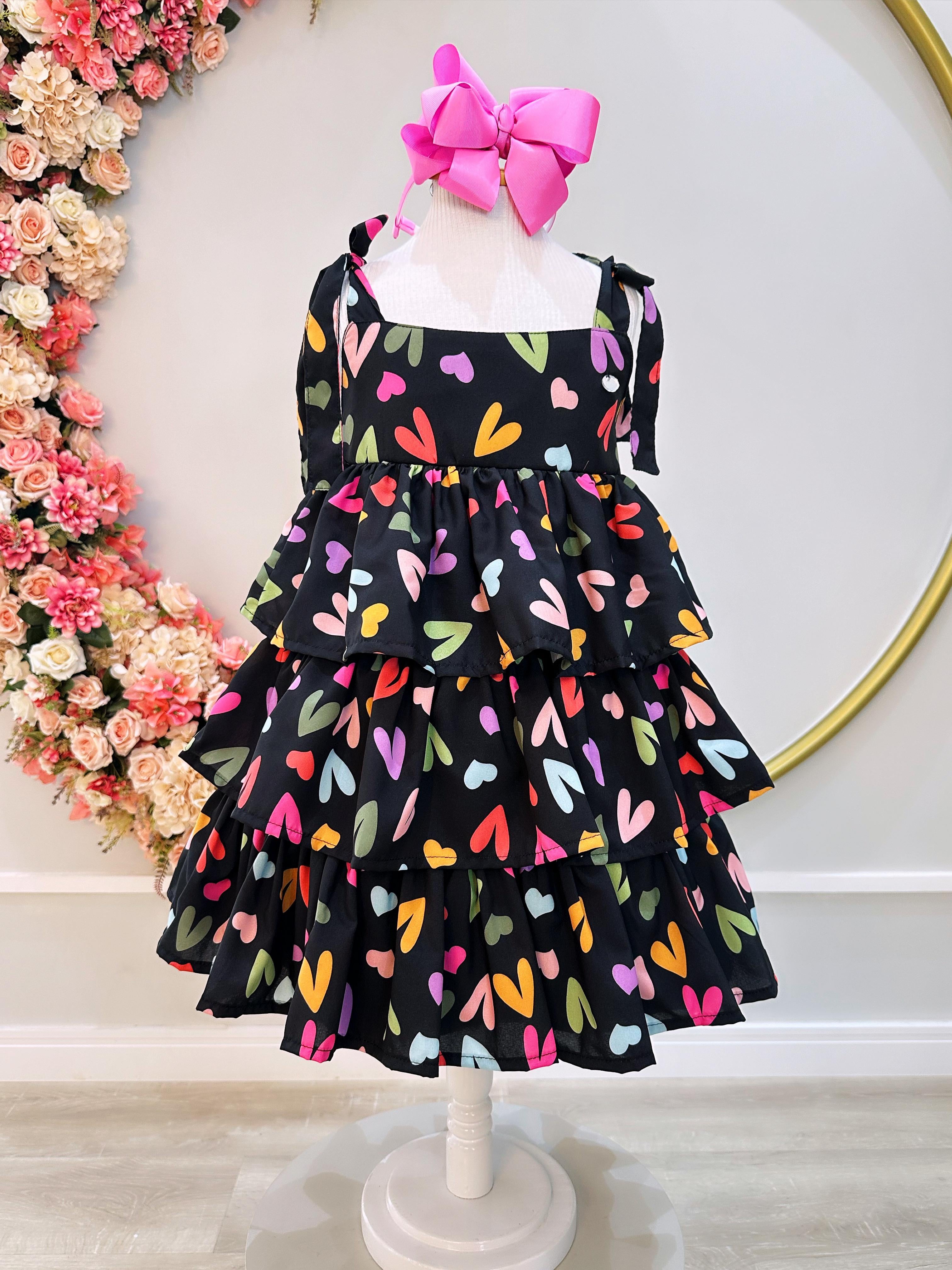 Vestido Infantil de Alça Primavera Verão Preto Corações