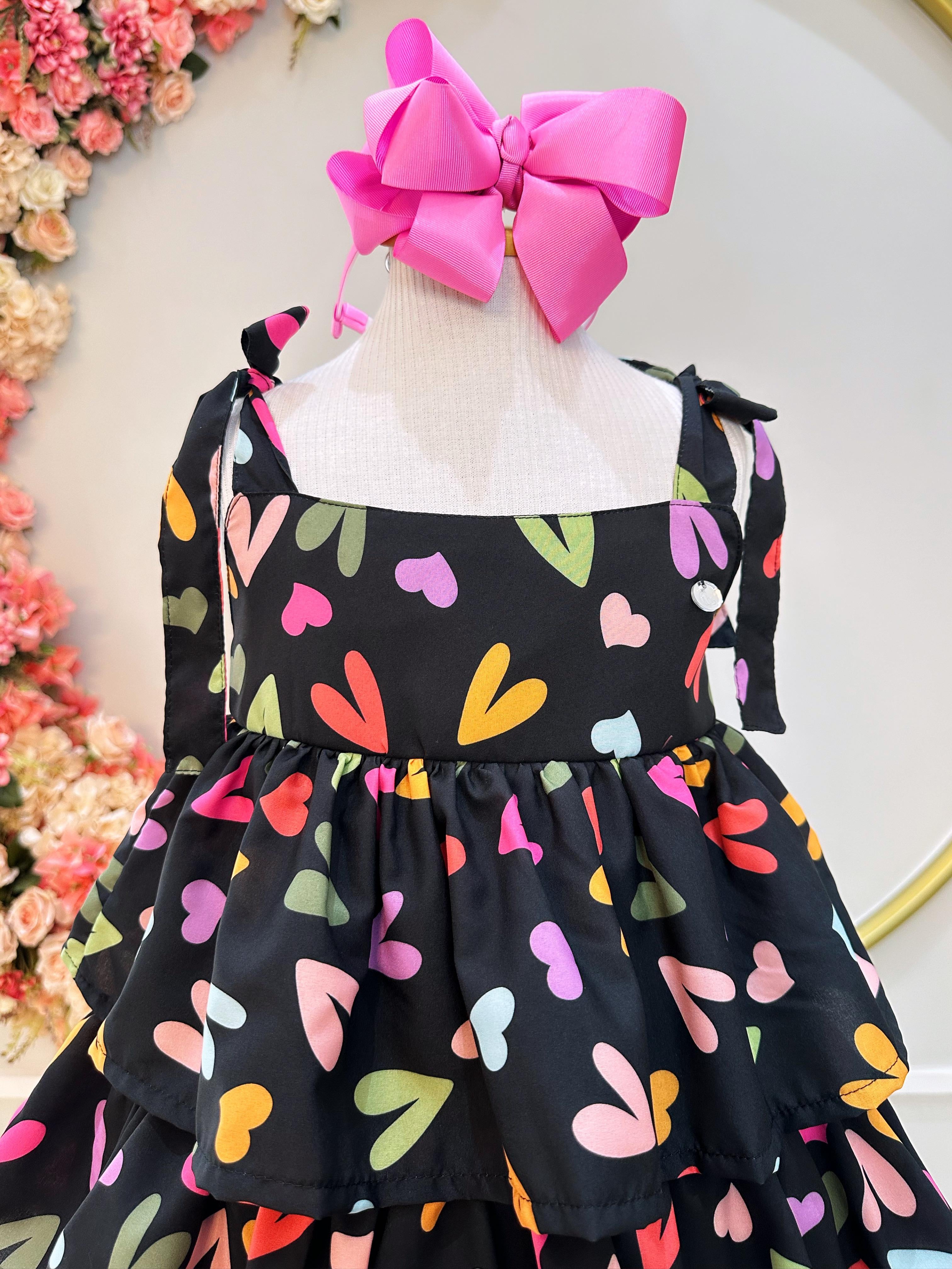 Vestido Infantil de Alça Primavera Verão Preto Corações