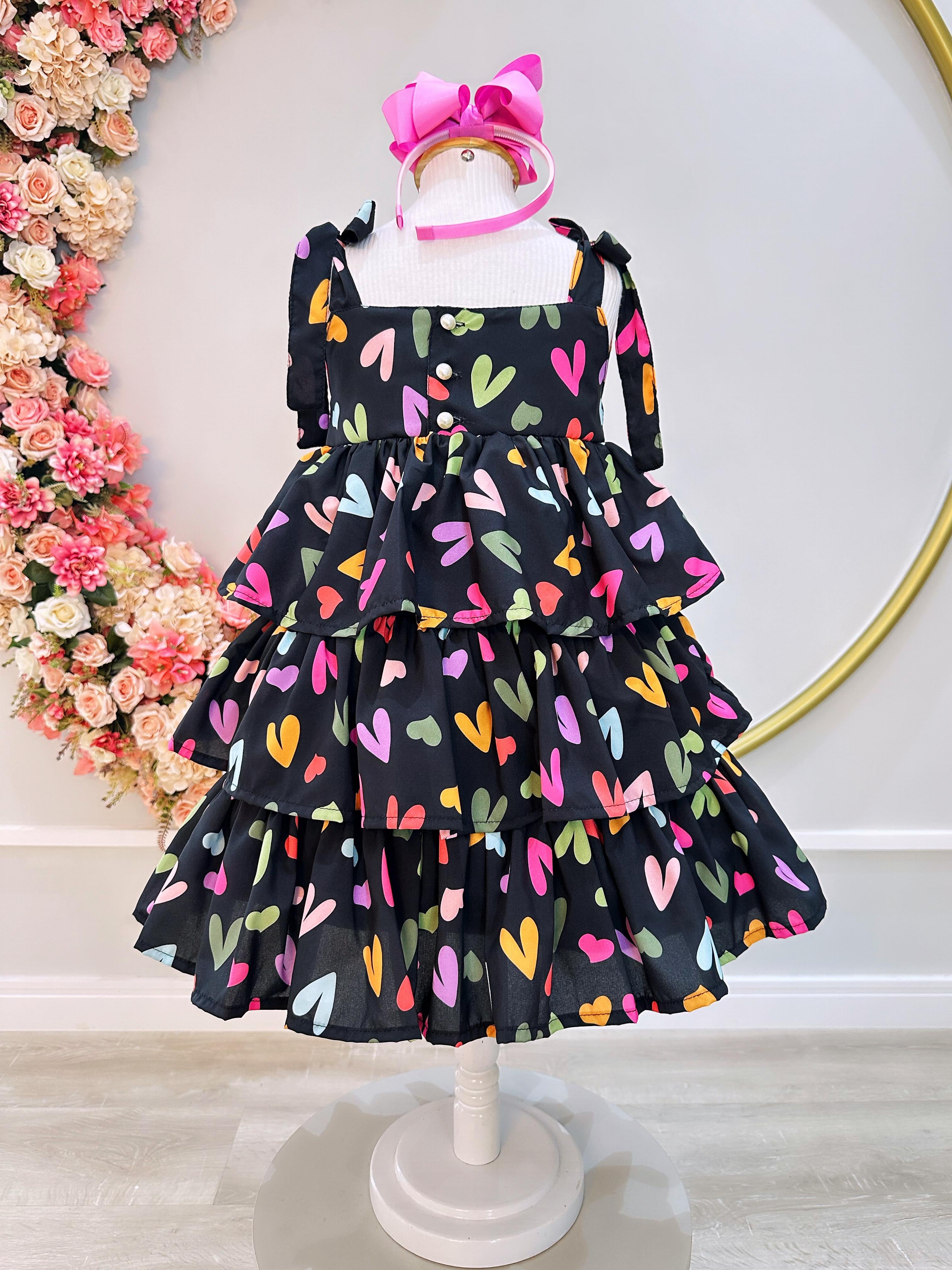 Vestido Infantil de Alça Primavera Verão Preto Corações