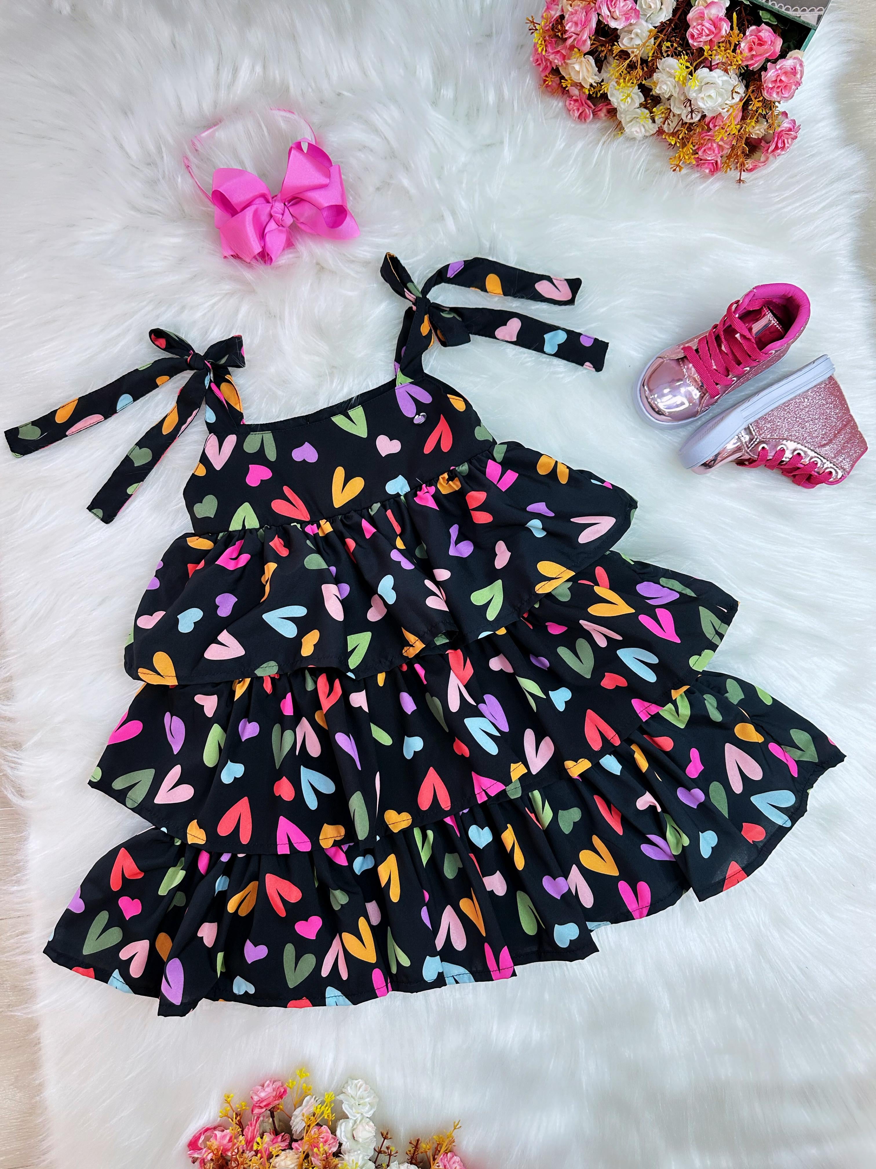 Vestido Infantil de Alça Primavera Verão Preto Corações