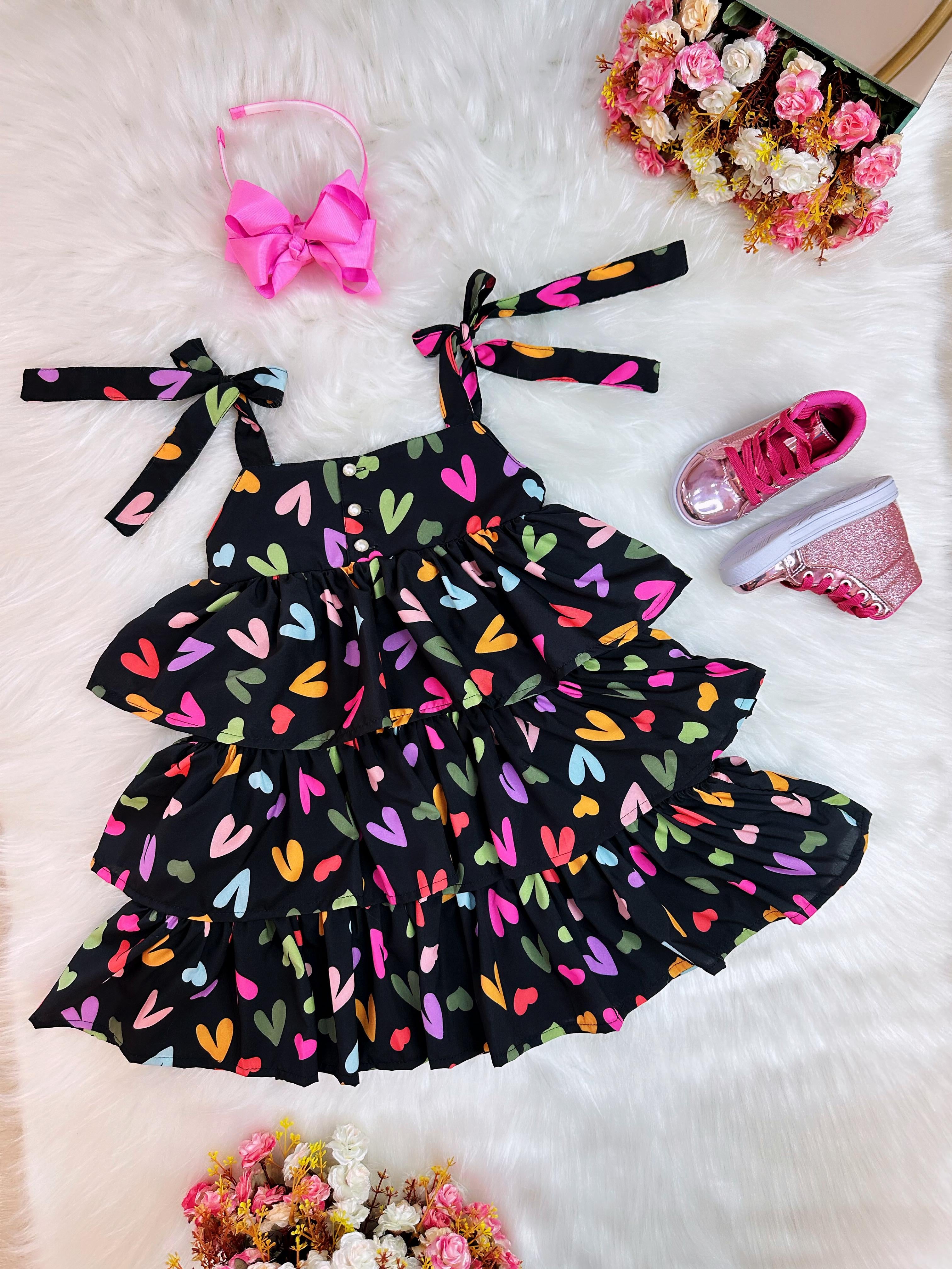 Vestido Infantil de Alça Primavera Verão Preto Corações