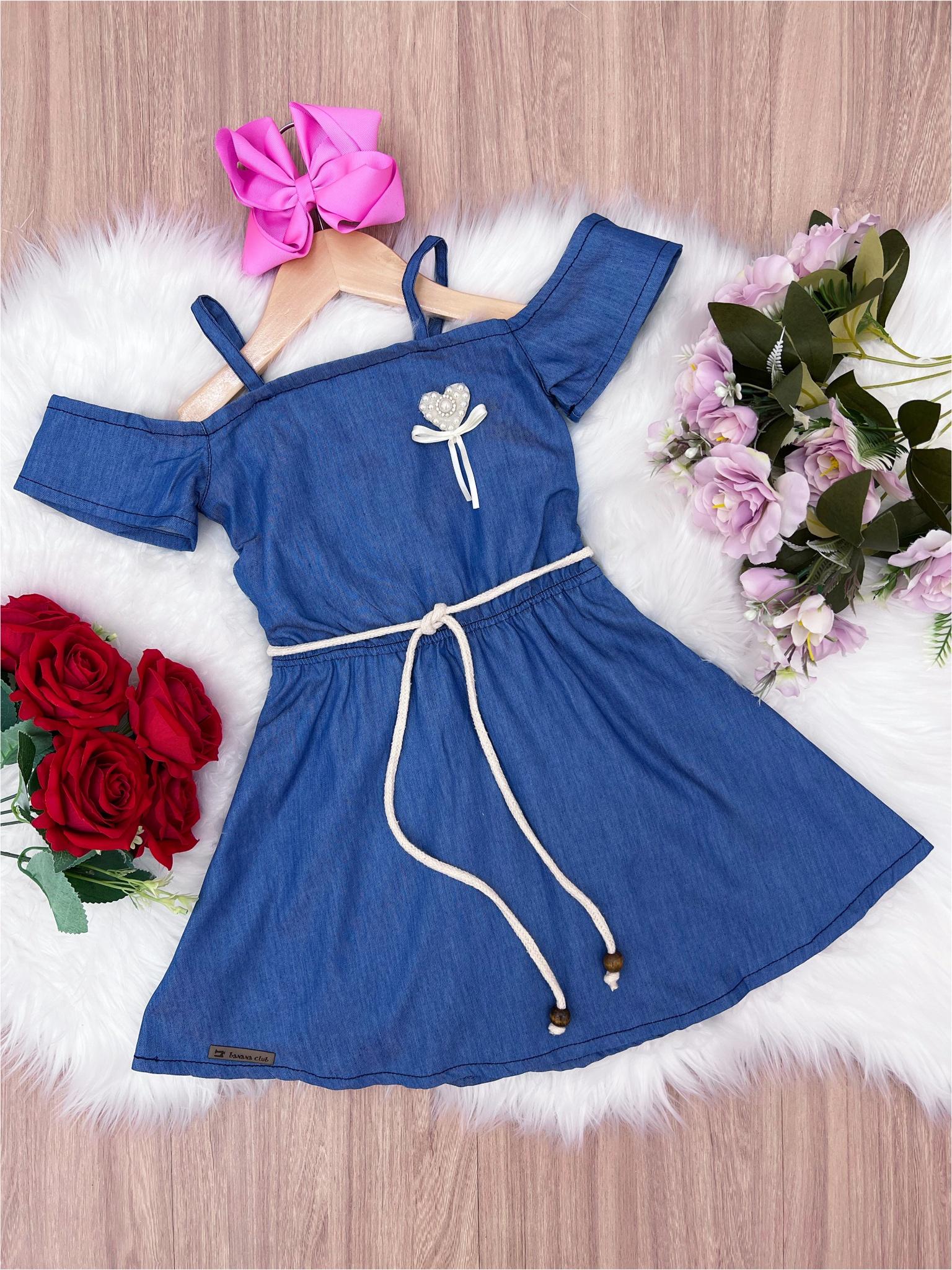 Vestido Infantil Jeans Broche Coração e Cinto Cordão
