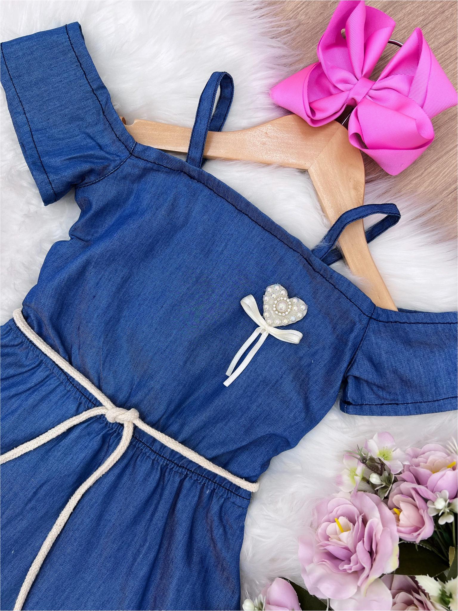 Vestido Infantil Jeans Broche Coração e Cinto Cordão
