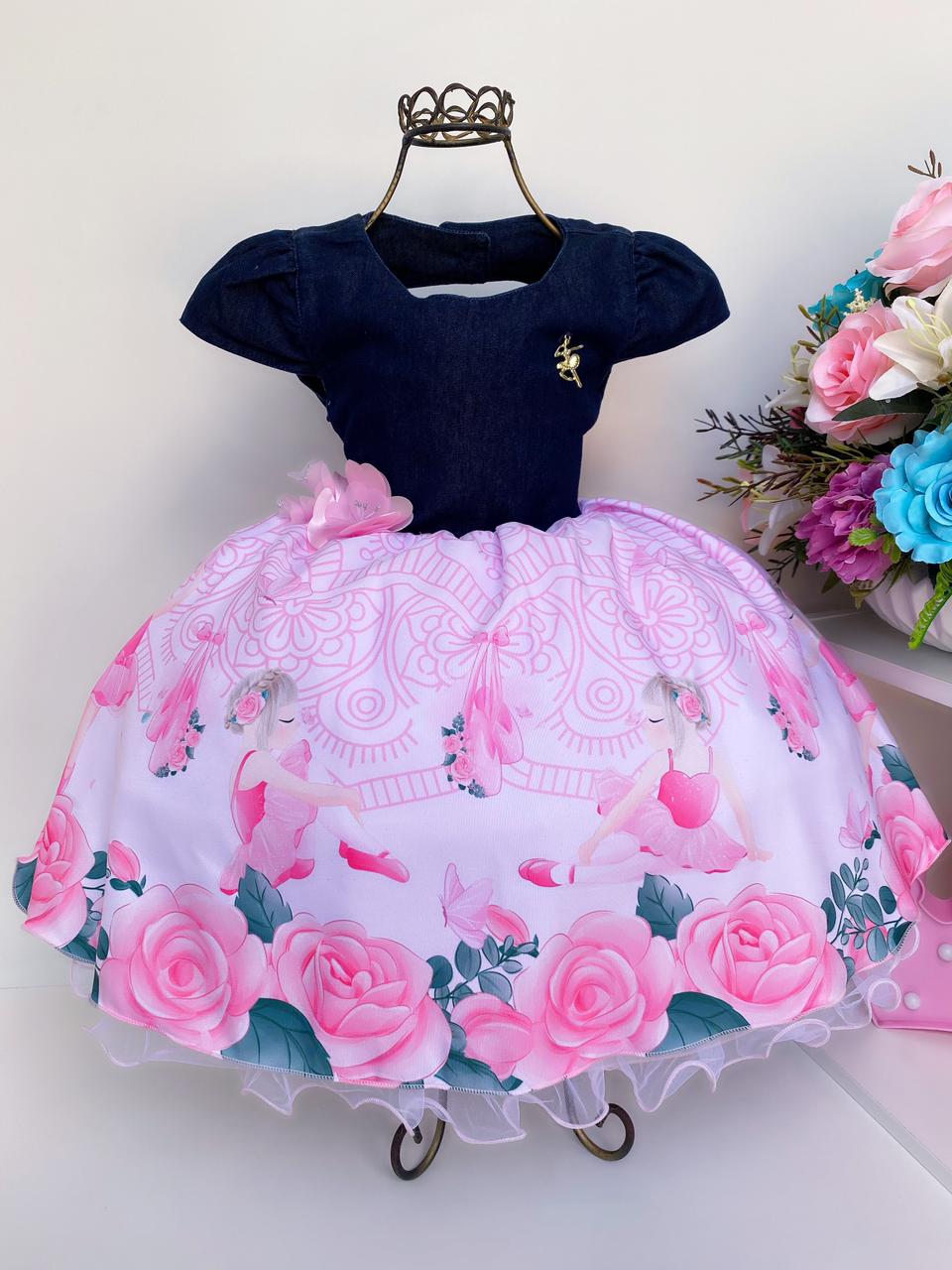 Vestido Infantil Jeans e Rosa Bailarina Floral Aplique Flor