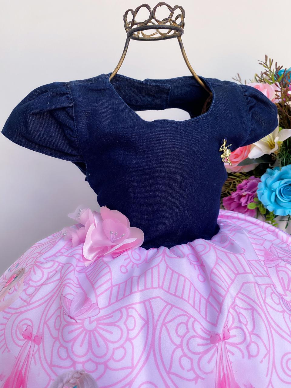 Vestido Infantil Jeans e Rosa Bailarina Floral Aplique Flor