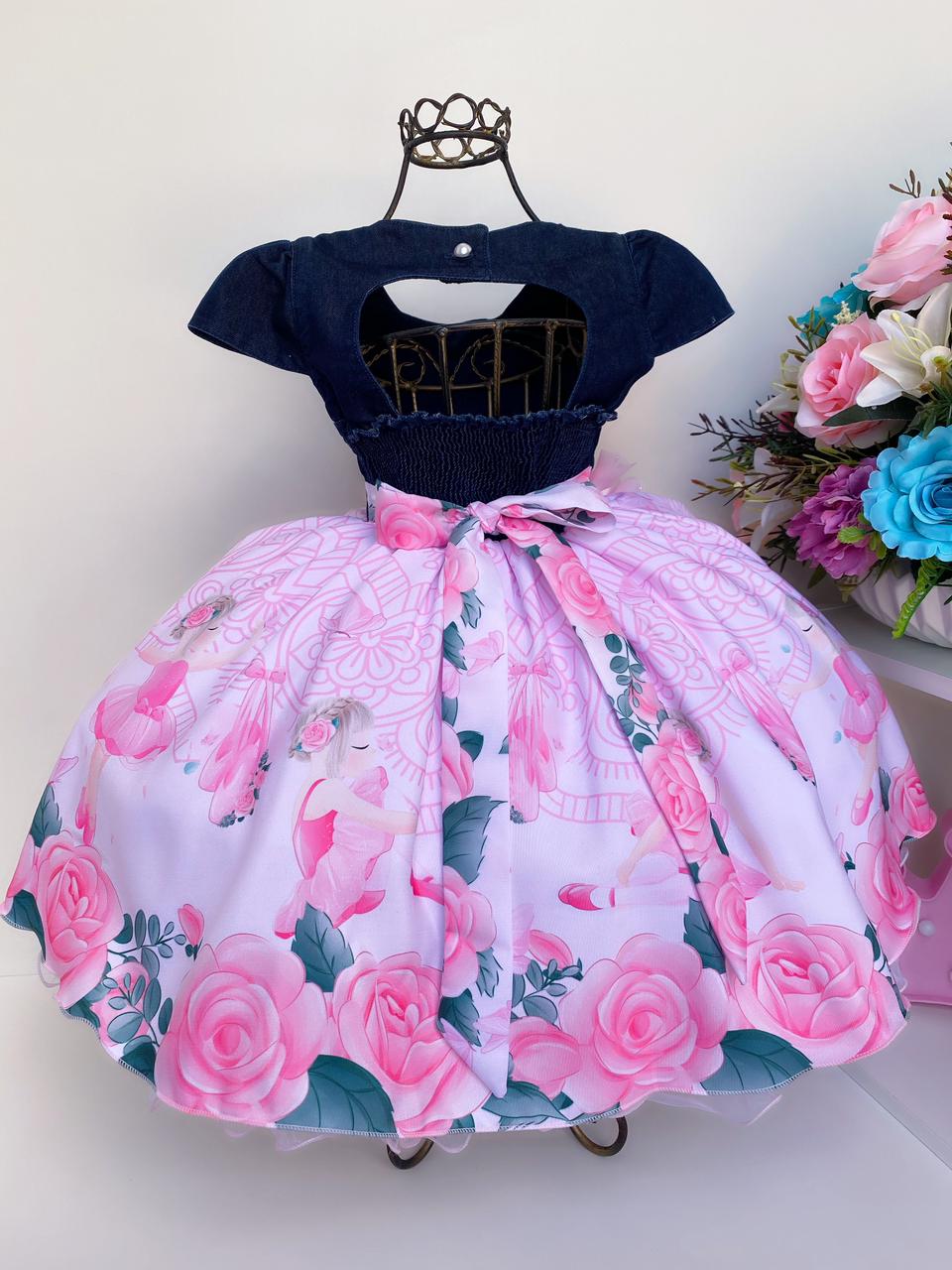 Vestido Infantil Jeans e Rosa Bailarina Floral Aplique Flor