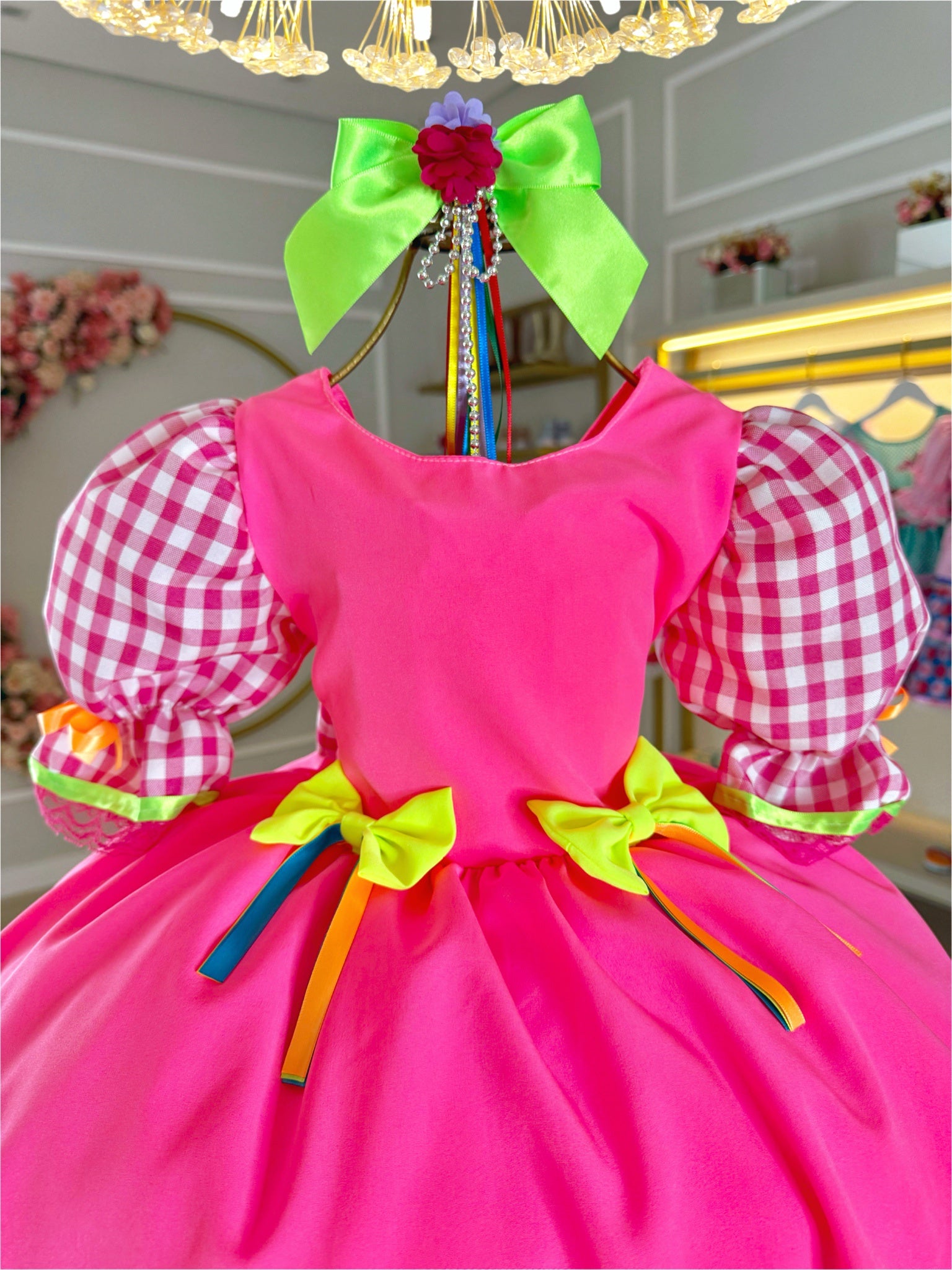 Vestido Infantil Junino Caipira Rosa Neon Colorido Xadrez