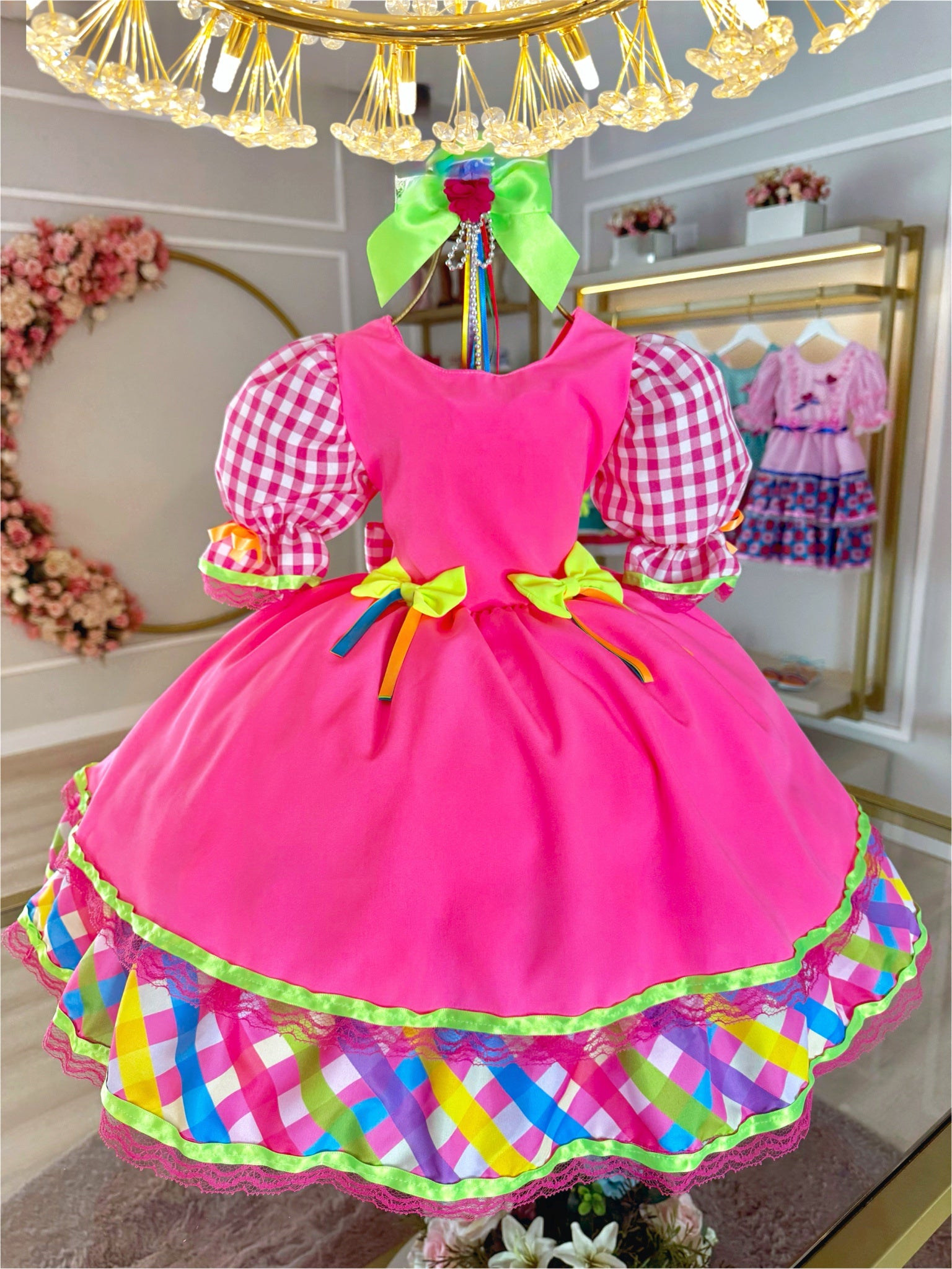 Vestido Infantil Junino Caipira Rosa Neon Colorido Xadrez